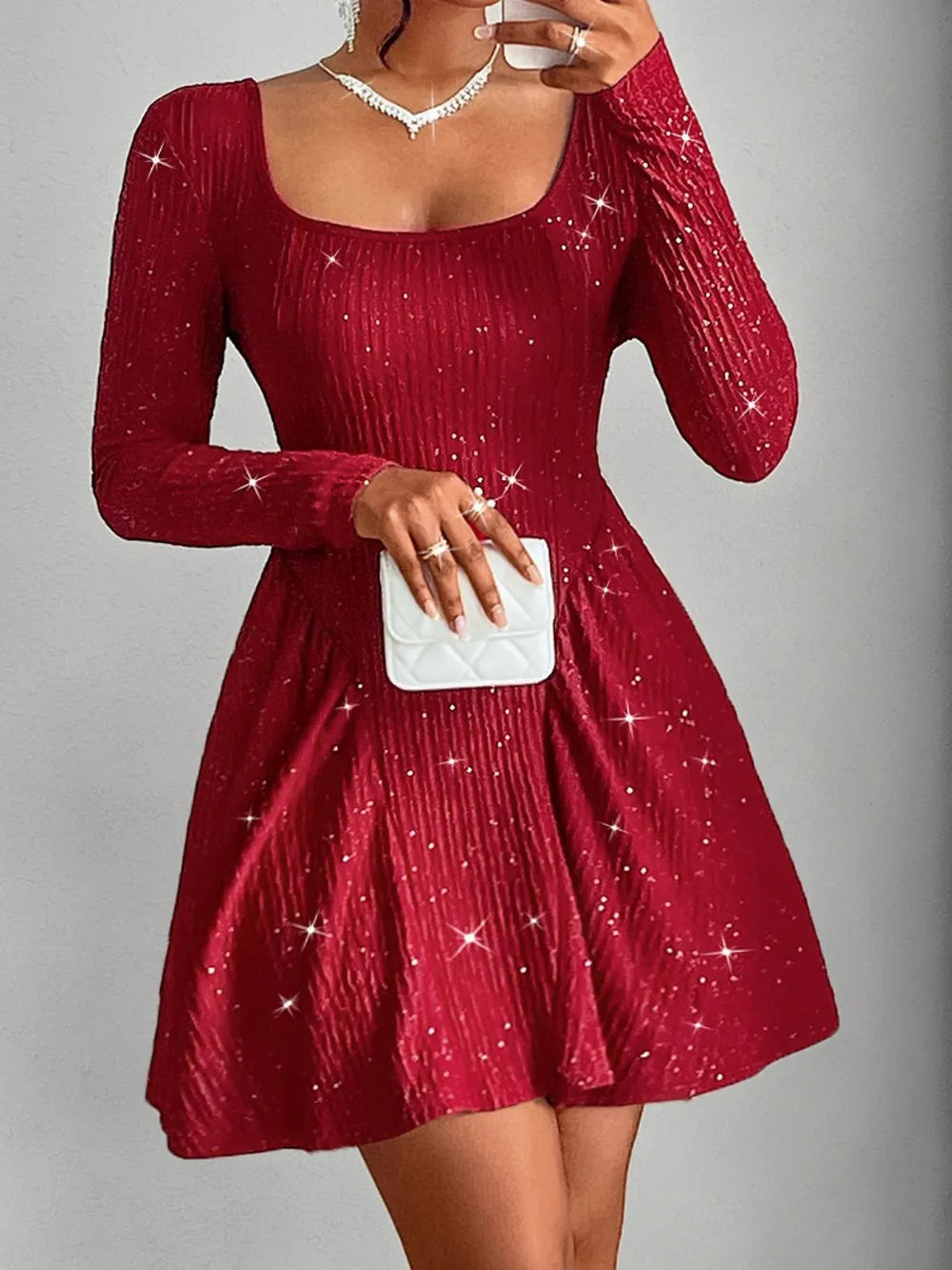 Backless Glitter Square Neck Long Sleeve Mini Dress.