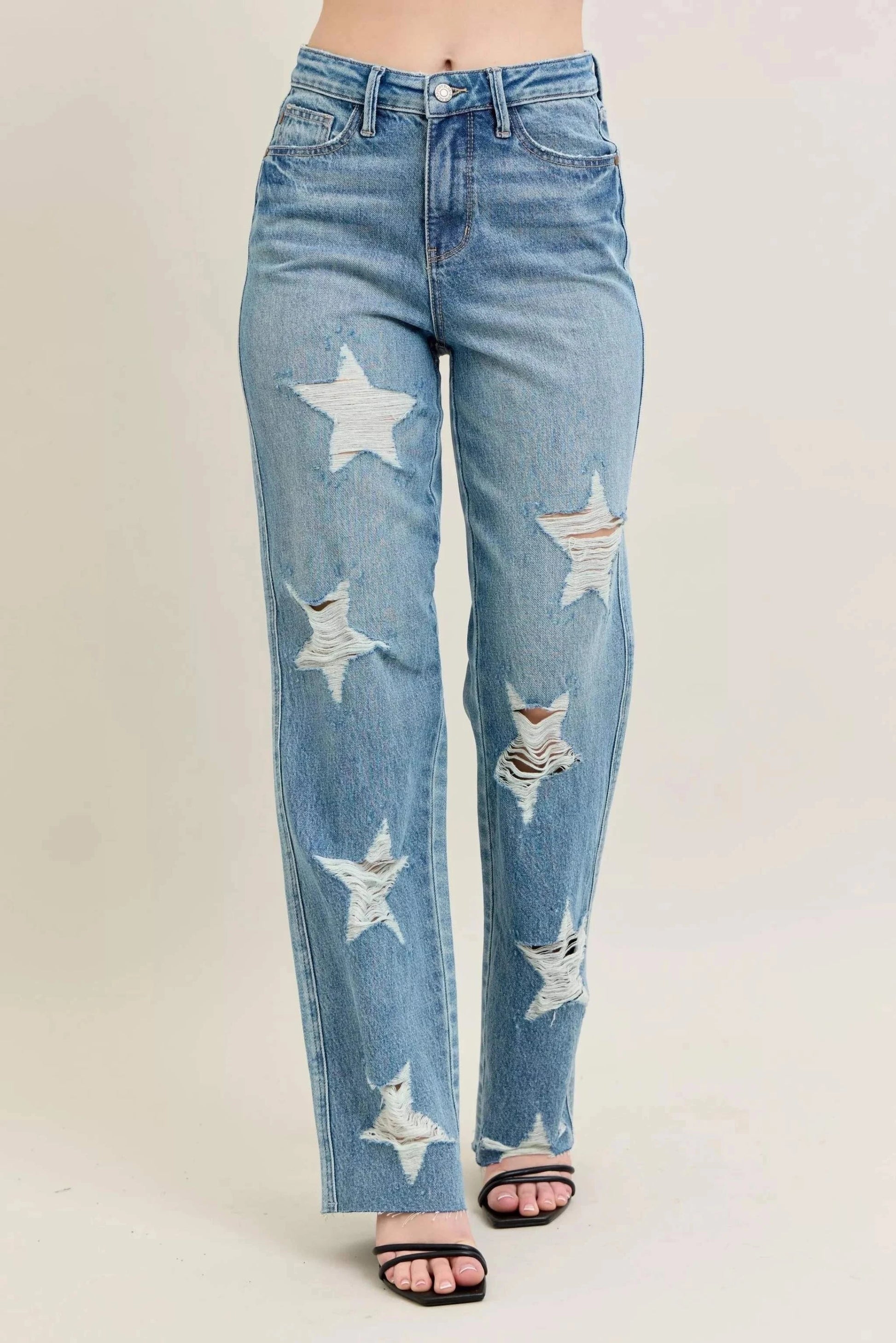 Judy Blue Plus Size 90's high waist straight jeans with star-shaped distressed details and rigid denim