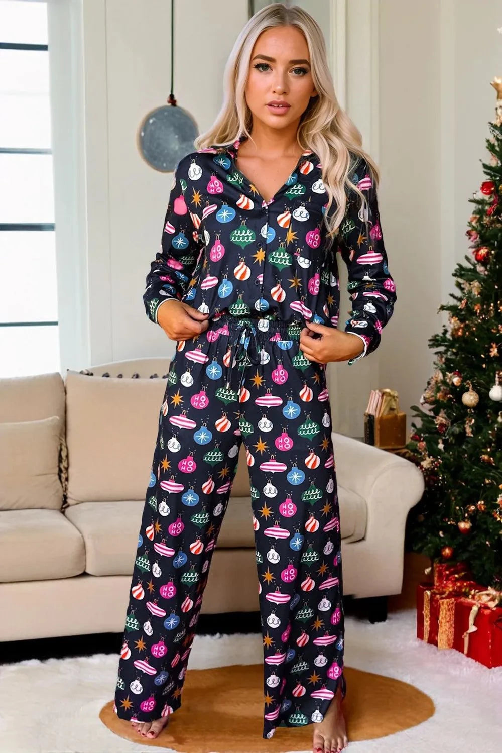Christmas Lights Print Collared Neck Top and Pants Set.