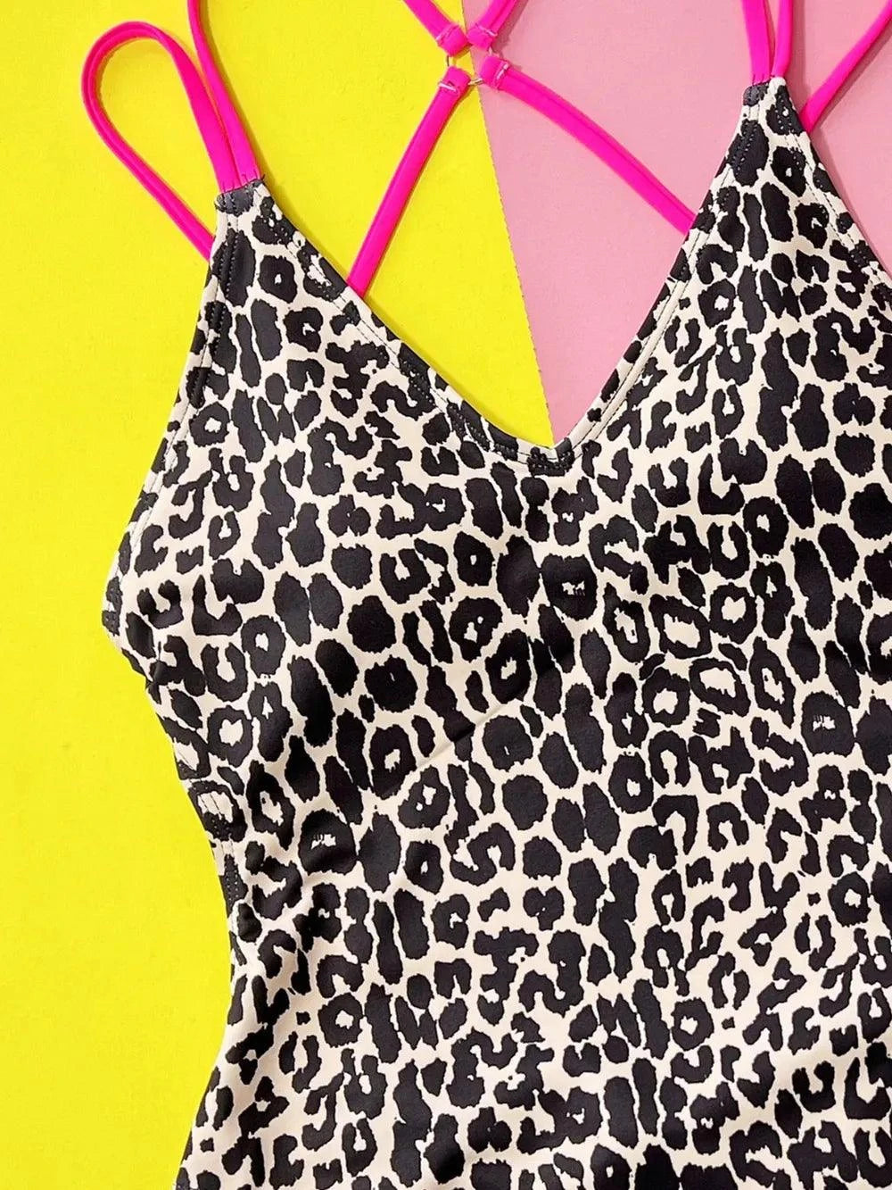 Leopard Plunge One-Piece Swimwear with Spaghetti Straps.