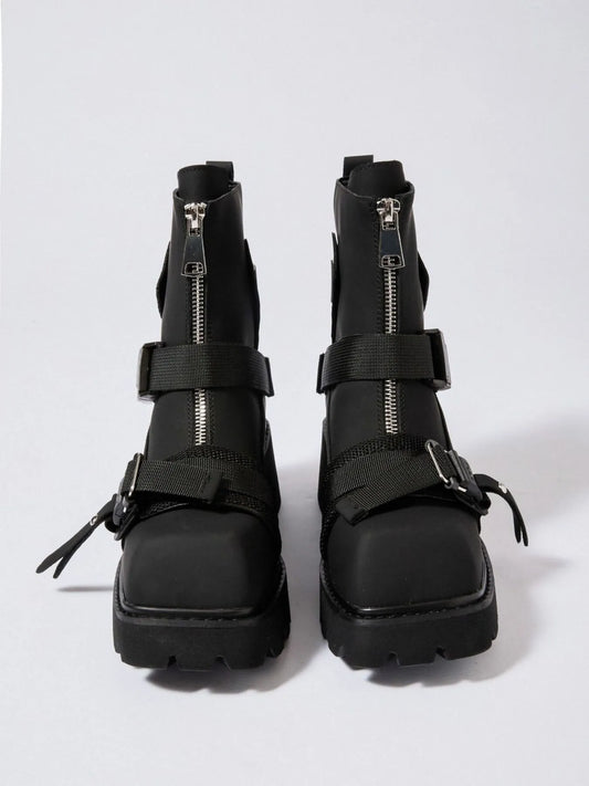 Chunky Platform Boots with Buckle Straps and Front Zip - Stylish Footwear for Every Occasion.