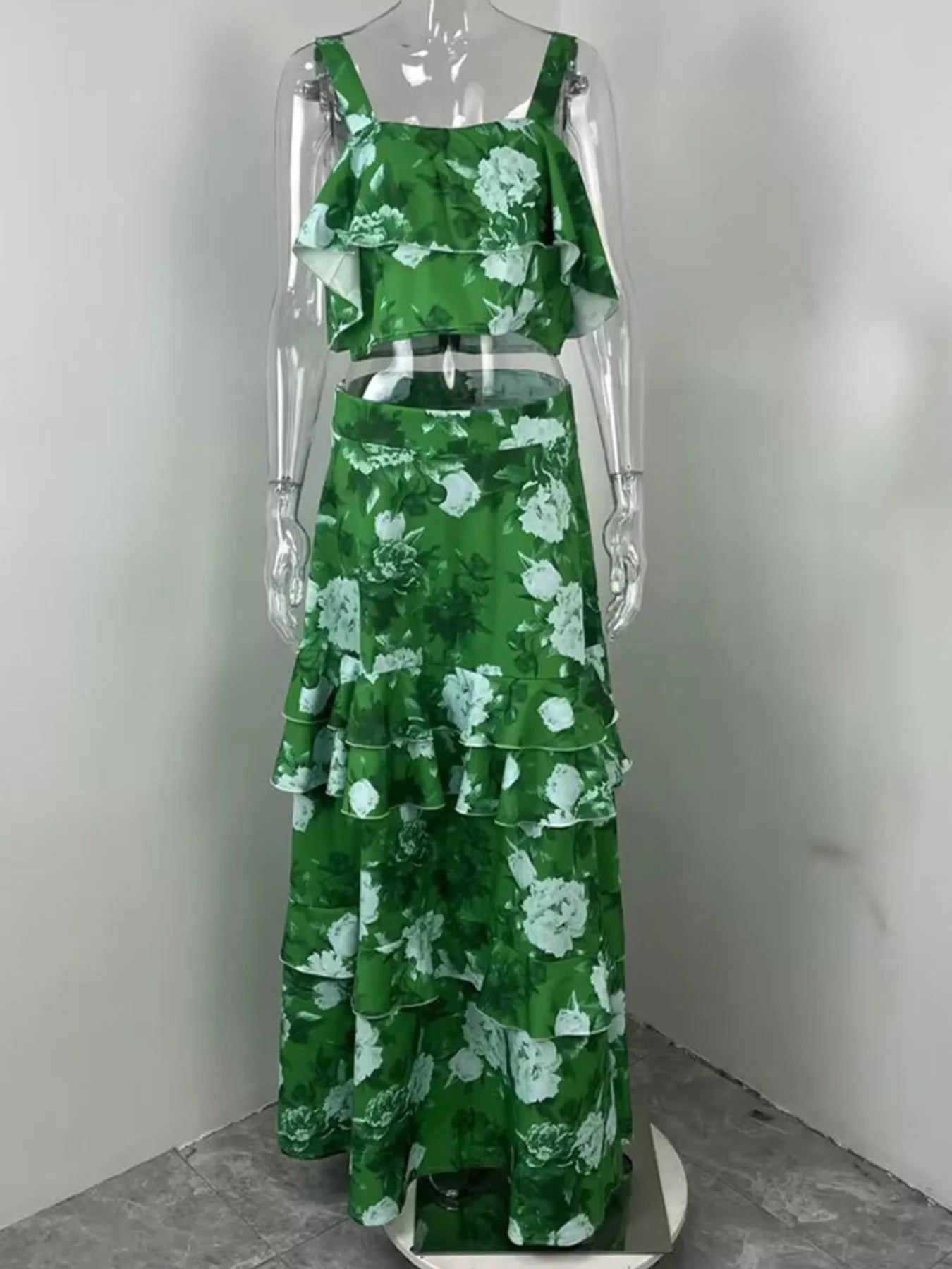 Plus size green full size floral cami and tiered layered ruffled skirt set