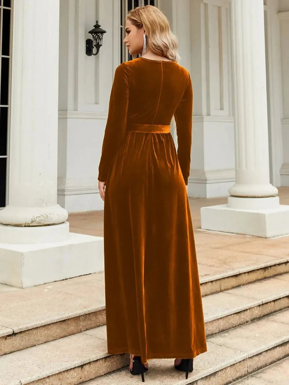 Tie front round neck long sleeve maxi dress in brown velvet fabric shown from the back