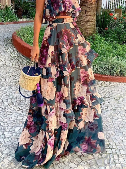 Plus size full size floral cami with tiered ruffled layered skirt set in floral print