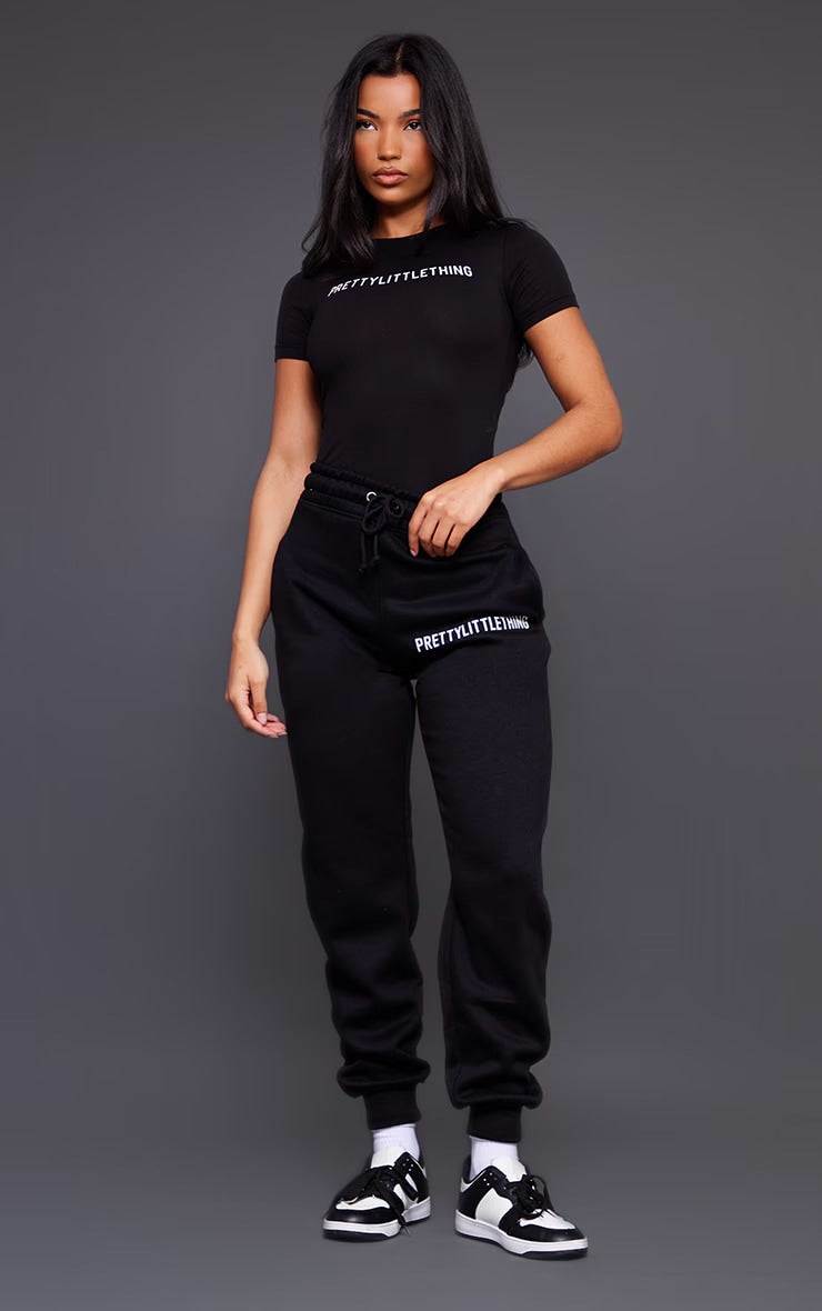 PRETTYLITTLETHING black logo short-sleeved bodysuit in stretch jersey with crew neckline