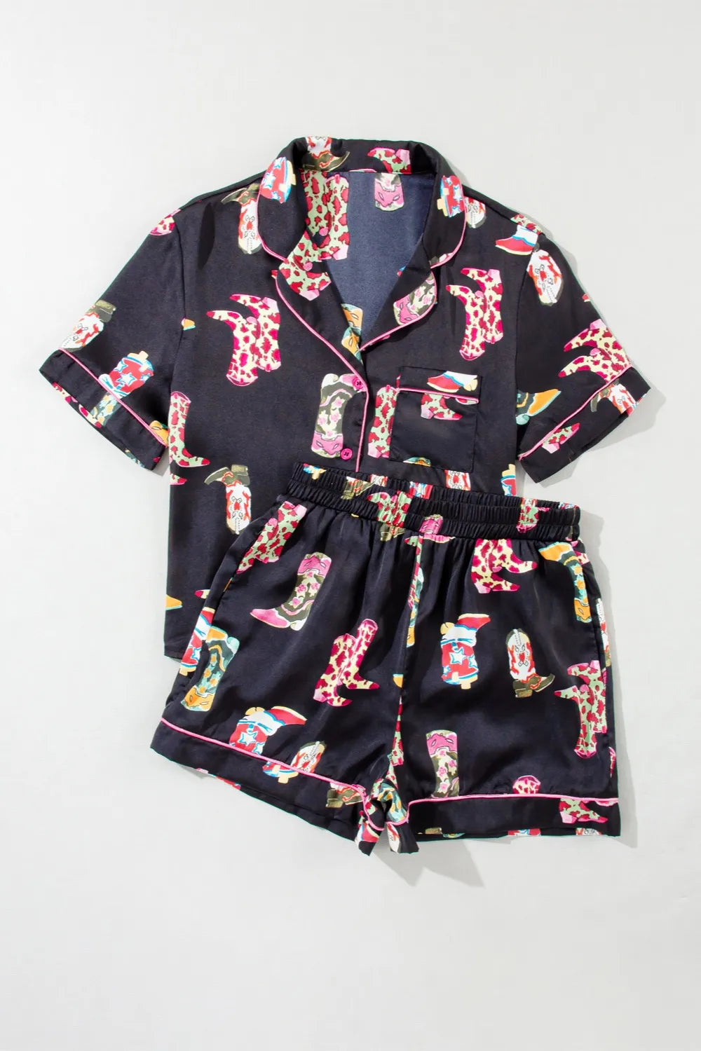 Printed button up short sleeve top and shorts lounge set with colorful boot print on black background, two-piece, pocketed.