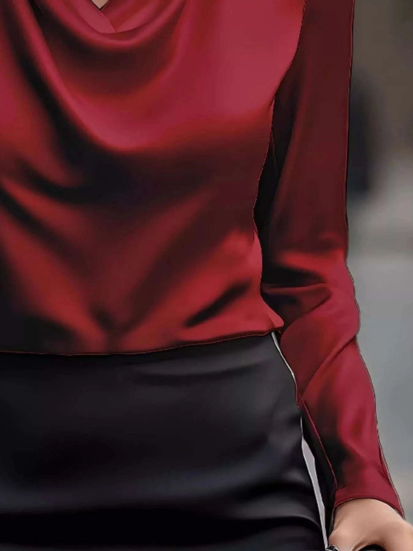 Full Size Satin Cowl Neck Long Sleeve Blouse Plus Size.