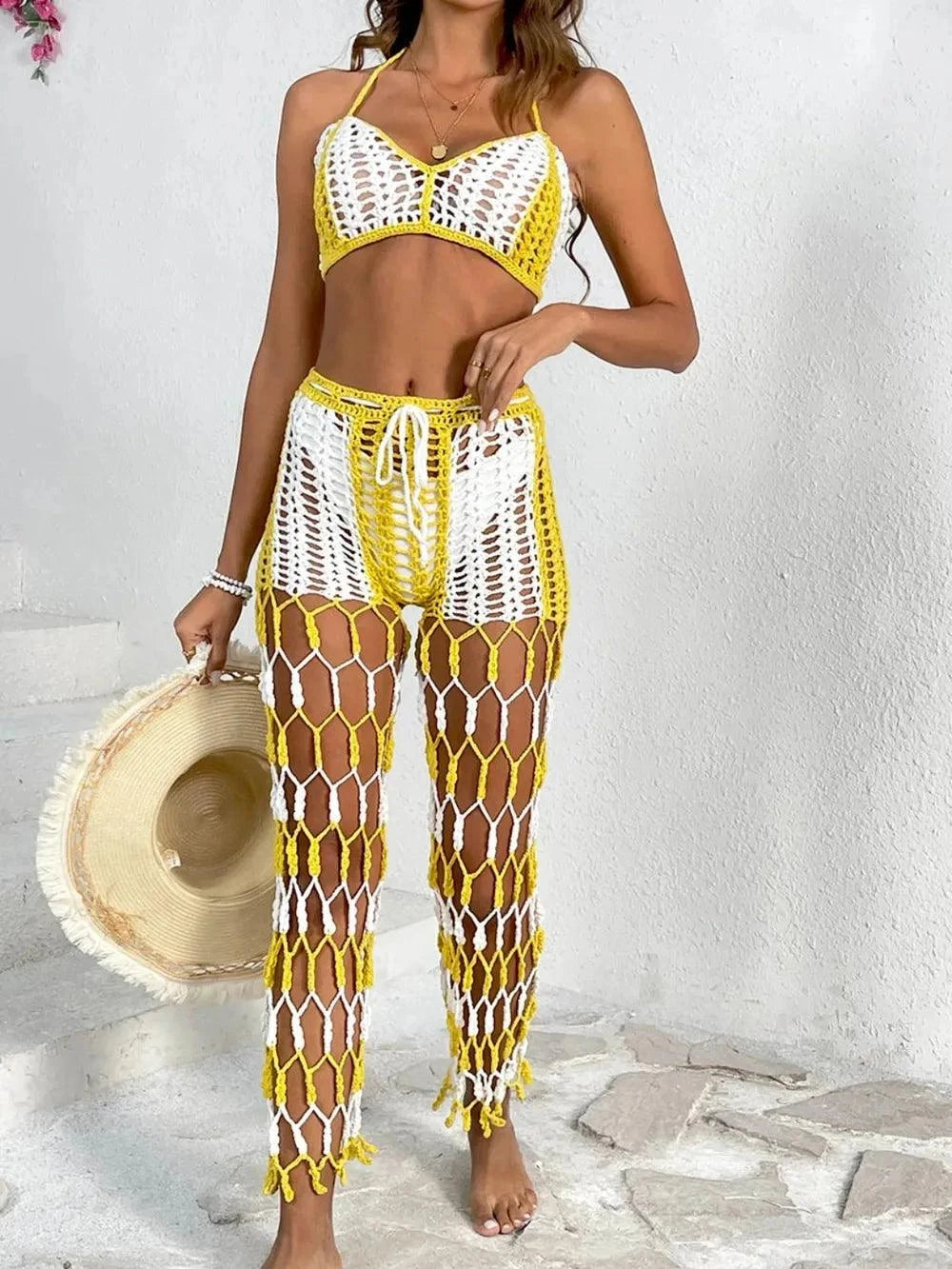 Cutout Halter Neck Swim Set - Two-Piece Top and Pants Swimwear.