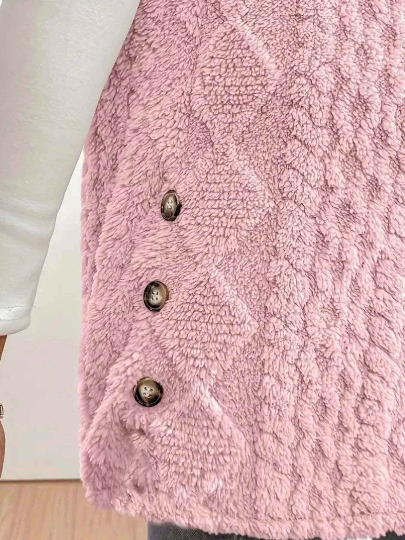 Pink button up plush hooded vest coat with textured fabric and button details