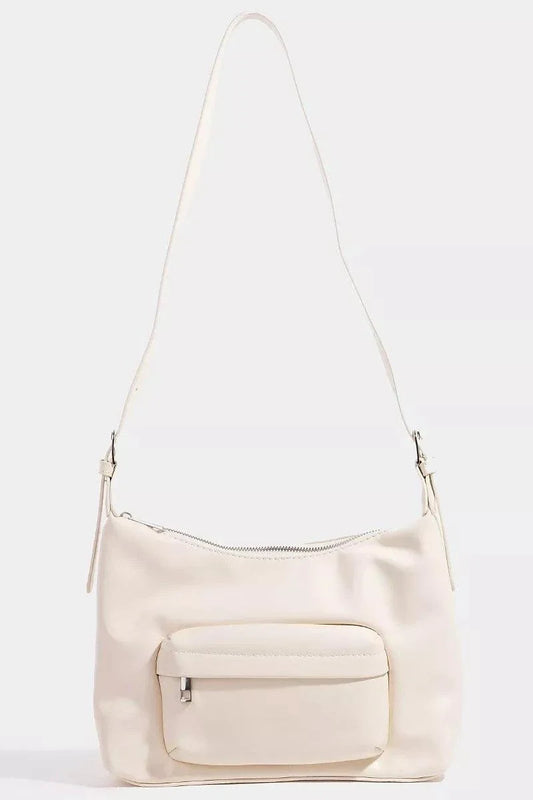 Beige Fame Glossy Faux Leather shoulder bag with front zip pocket and adjustable strap