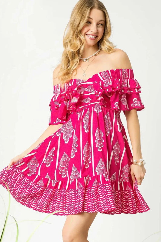Umgee Off-Shoulder Paisley Print Ruffled Mini Dress