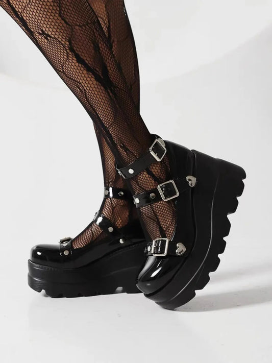 Platform Mary Jane Shoes with Triple Buckle Straps