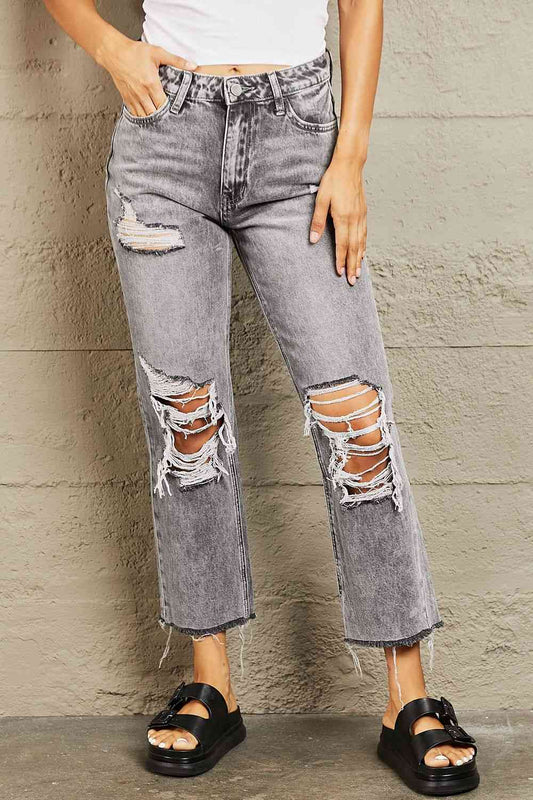 BAYEAS Acid Wash Distressed Cropped Jeans for a Chic Look