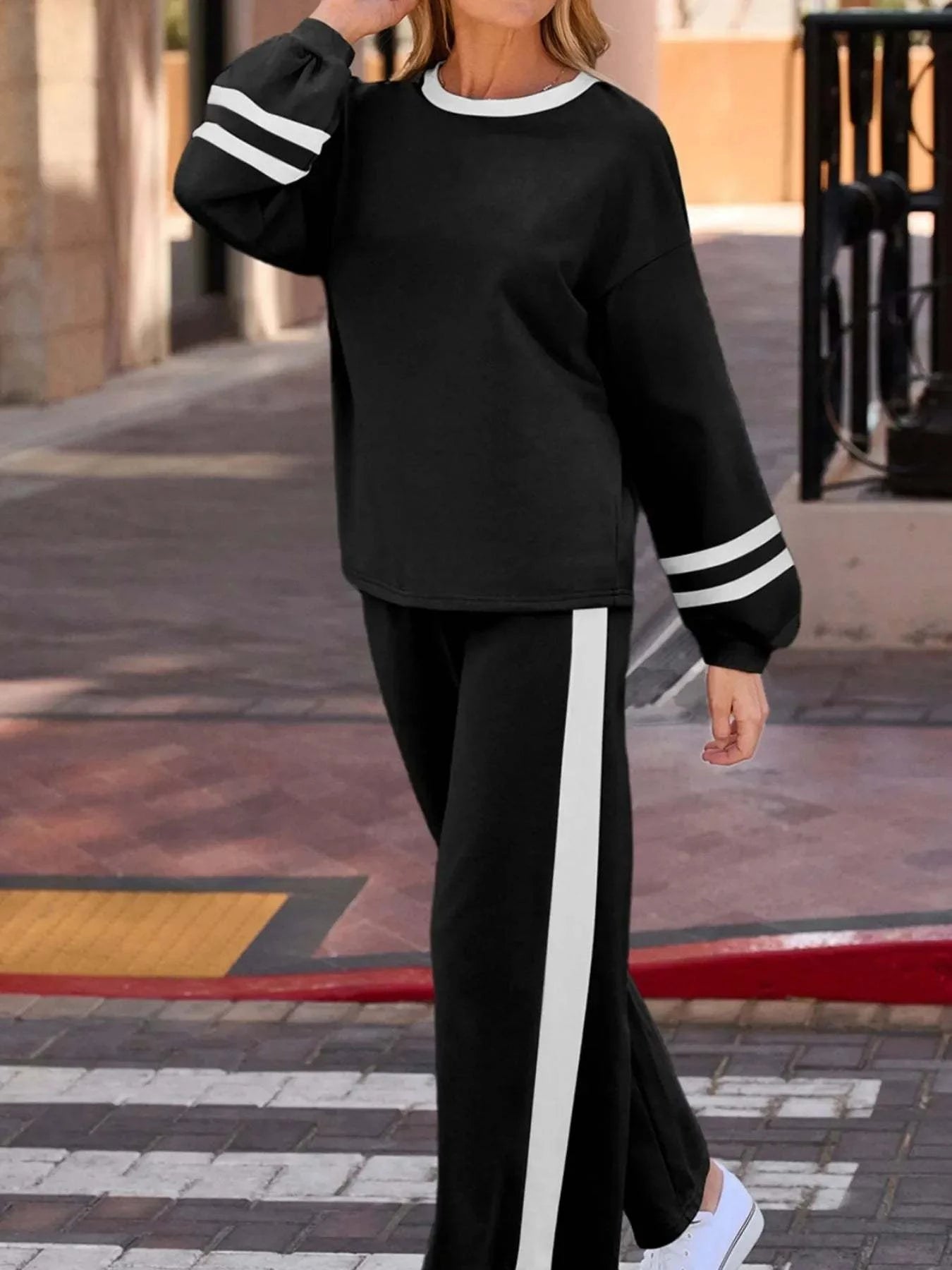 Black Contrast Trim Round Neck Top and Pants Set with white stripes and drawstring waistband