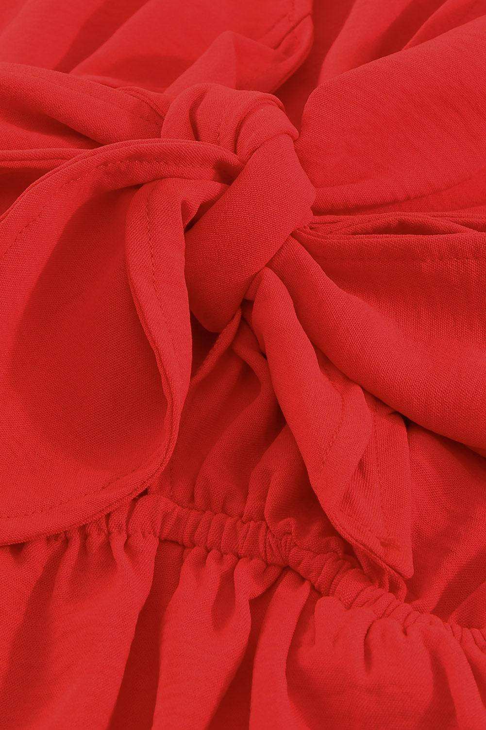 Tied Flounce Sleeve Plunge RomperPattern type: Solid
Style: Sexy
Features: Tie, Pockets
Neckline: Plunge
Length: Short
Sleeve length: Long sleeves
Sleeve type: Lantern sleeves
Material composition: Redemption By Ashley NorthTied Flounce Sleeve