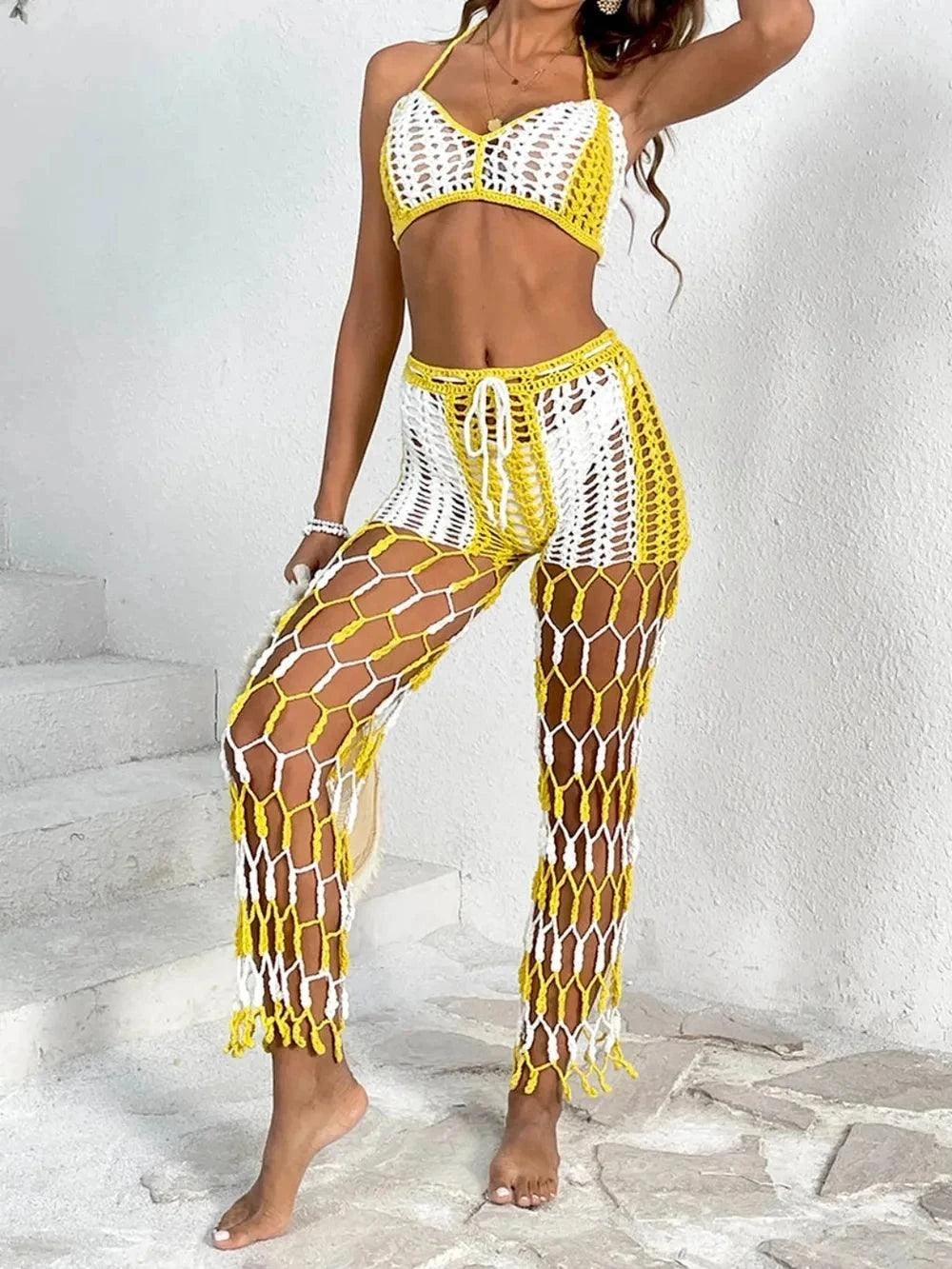 Cutout Halter Neck Swim Set - Two-Piece Top and Pants Swimwear.