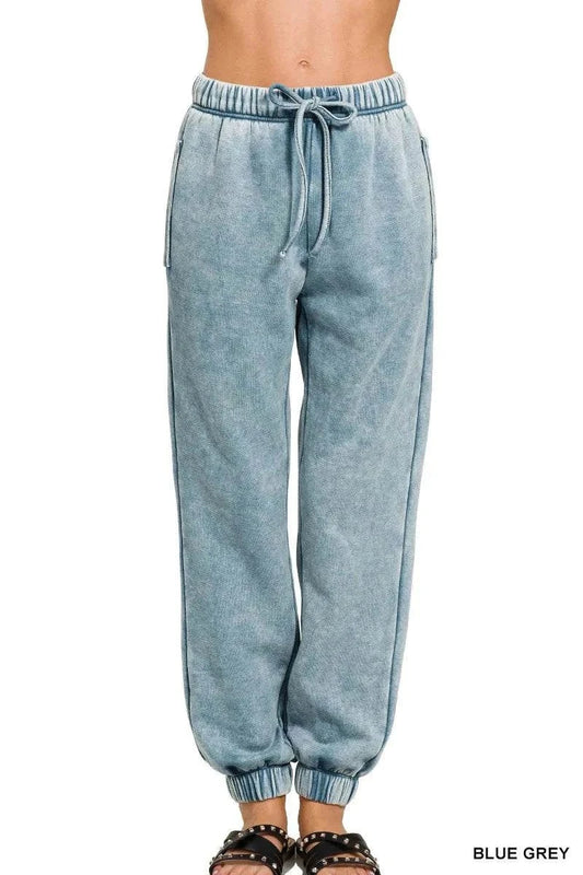 Zenana Acid Wash Fleece Sweatpants in blue grey with drawstring waist and pockets for casual comfort