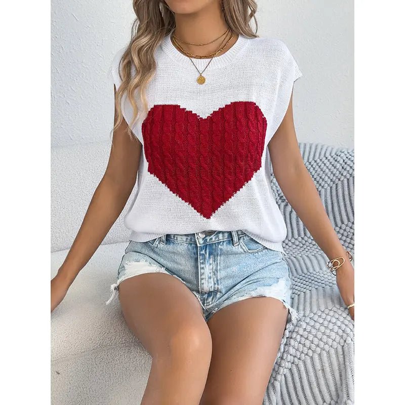 Women's Heart Color Block Knit Top - Casual Sleeveless Valentine Shirt D'Alina Confecções Store