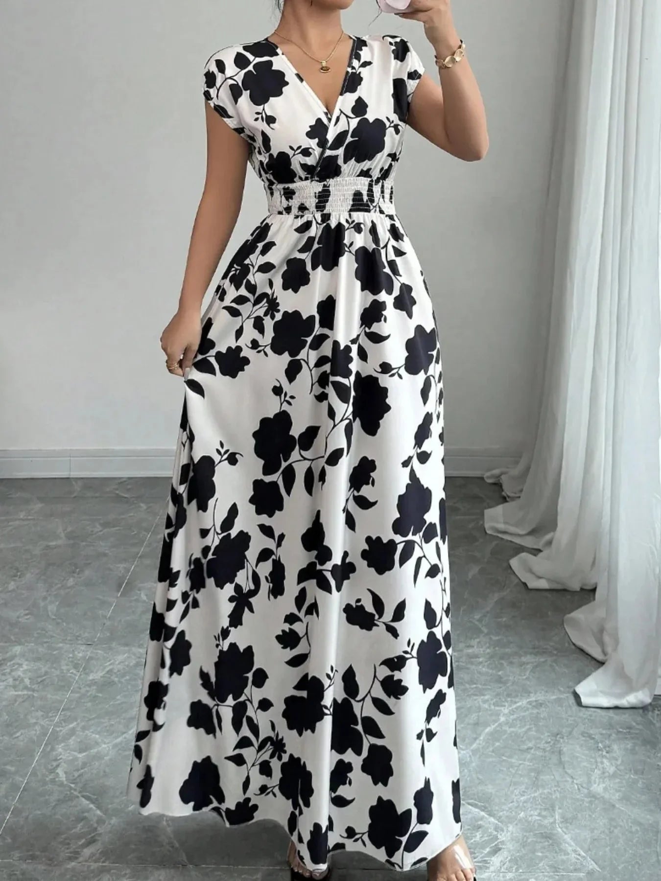 Printed Maxi Dress with Surplice Cap Sleeves - Elegant and Flowy Design.