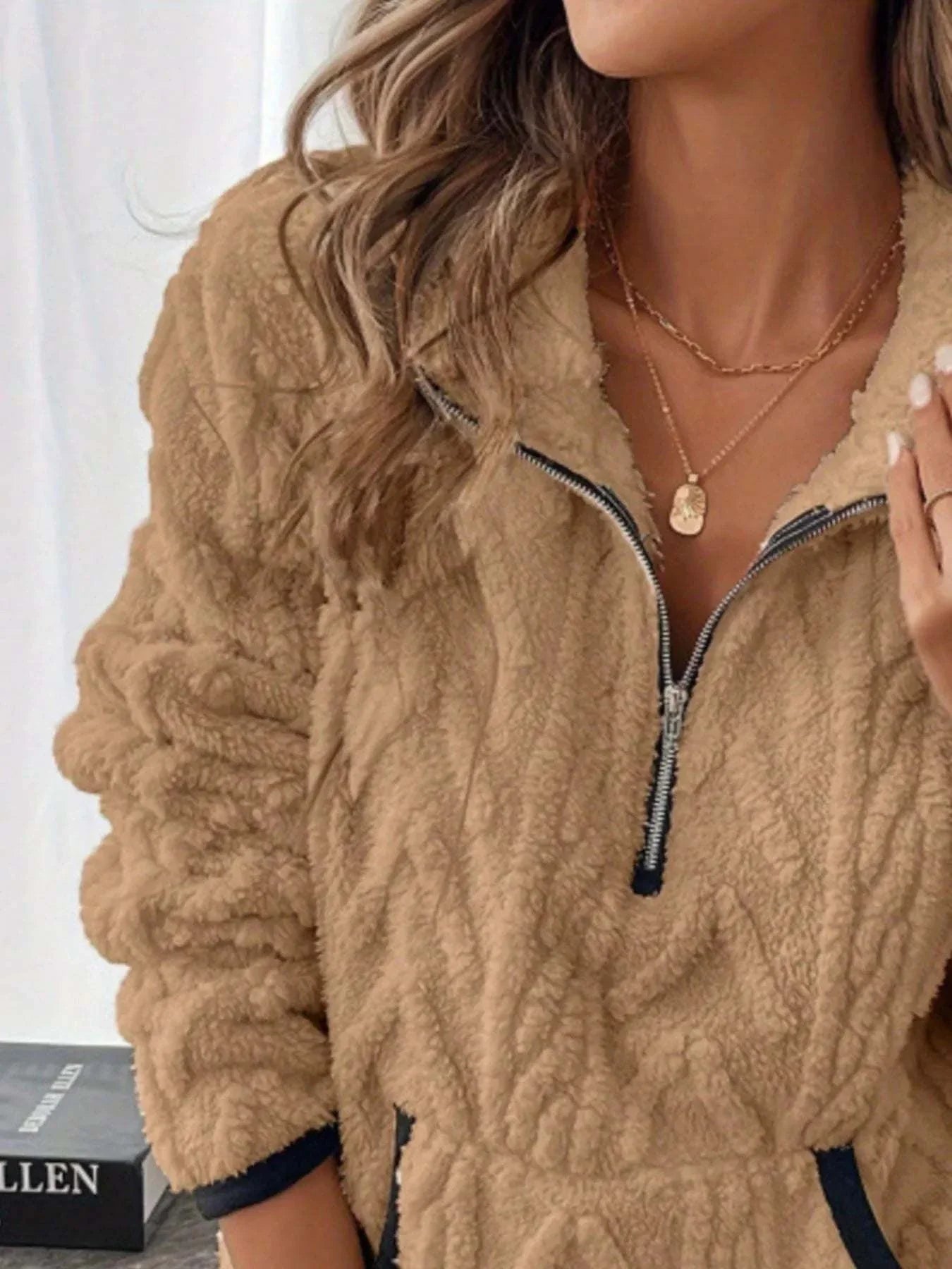 Plus size full size sherpa half zip sweatshirt with pockets in beige polyester