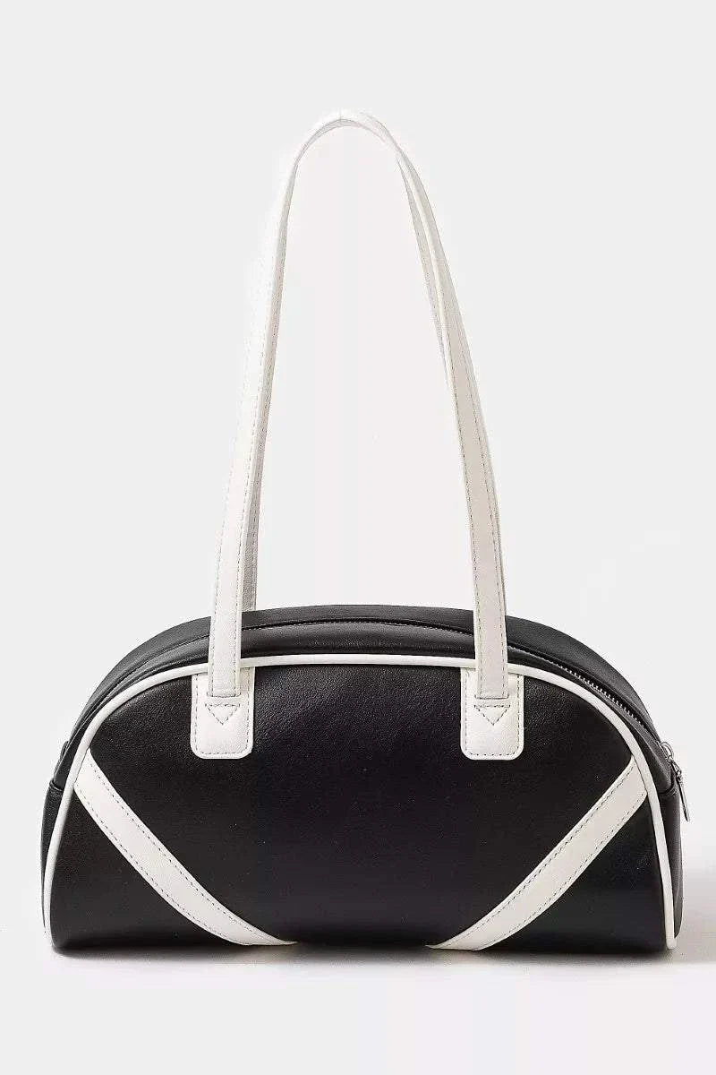 Fame Stripe Accent faux leather bowling handbag with black and white stripes and top handles