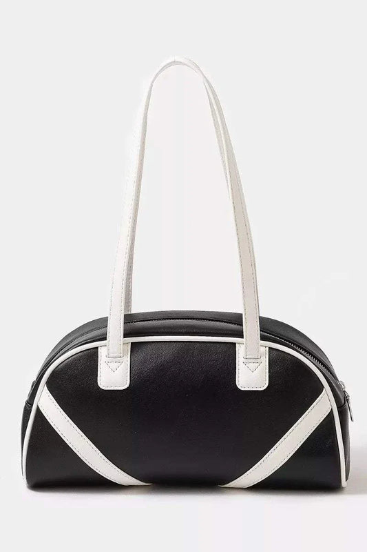 Fame Stripe Accent faux leather bowling handbag with black and white stripes and top handles