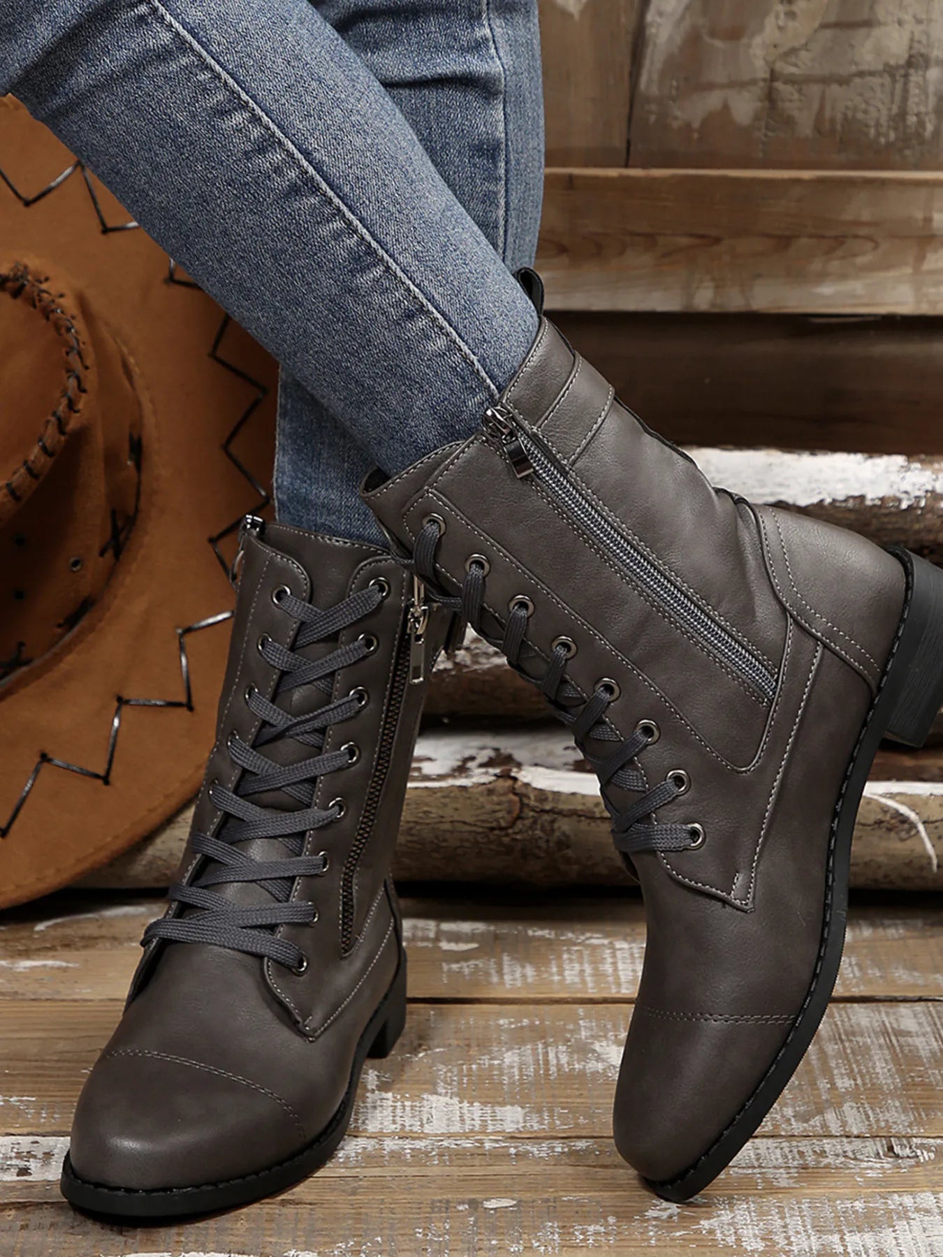 Lace Up Round Toe Boots.