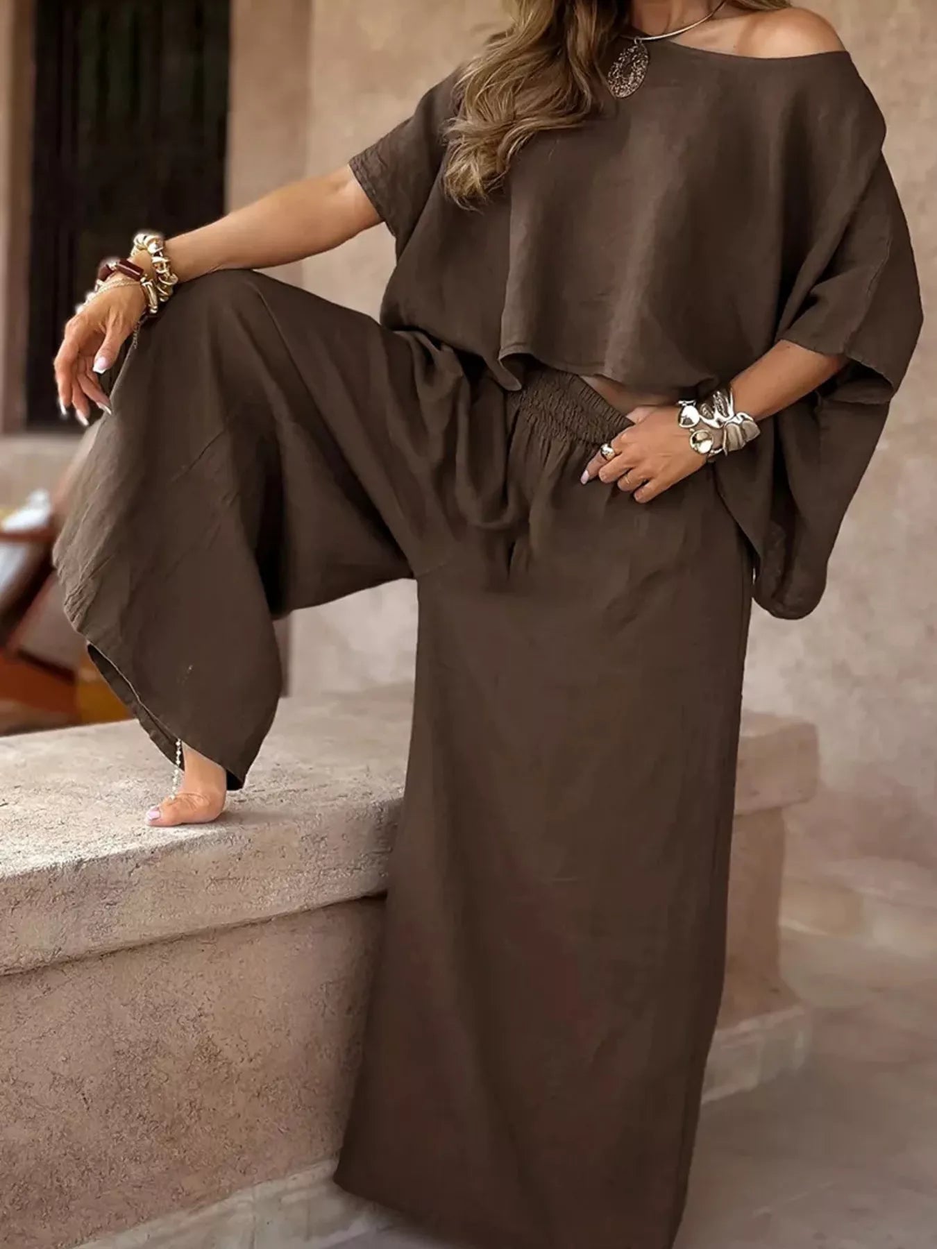 Plus size full size boat neck top and wide leg pants set in brown polyester blend