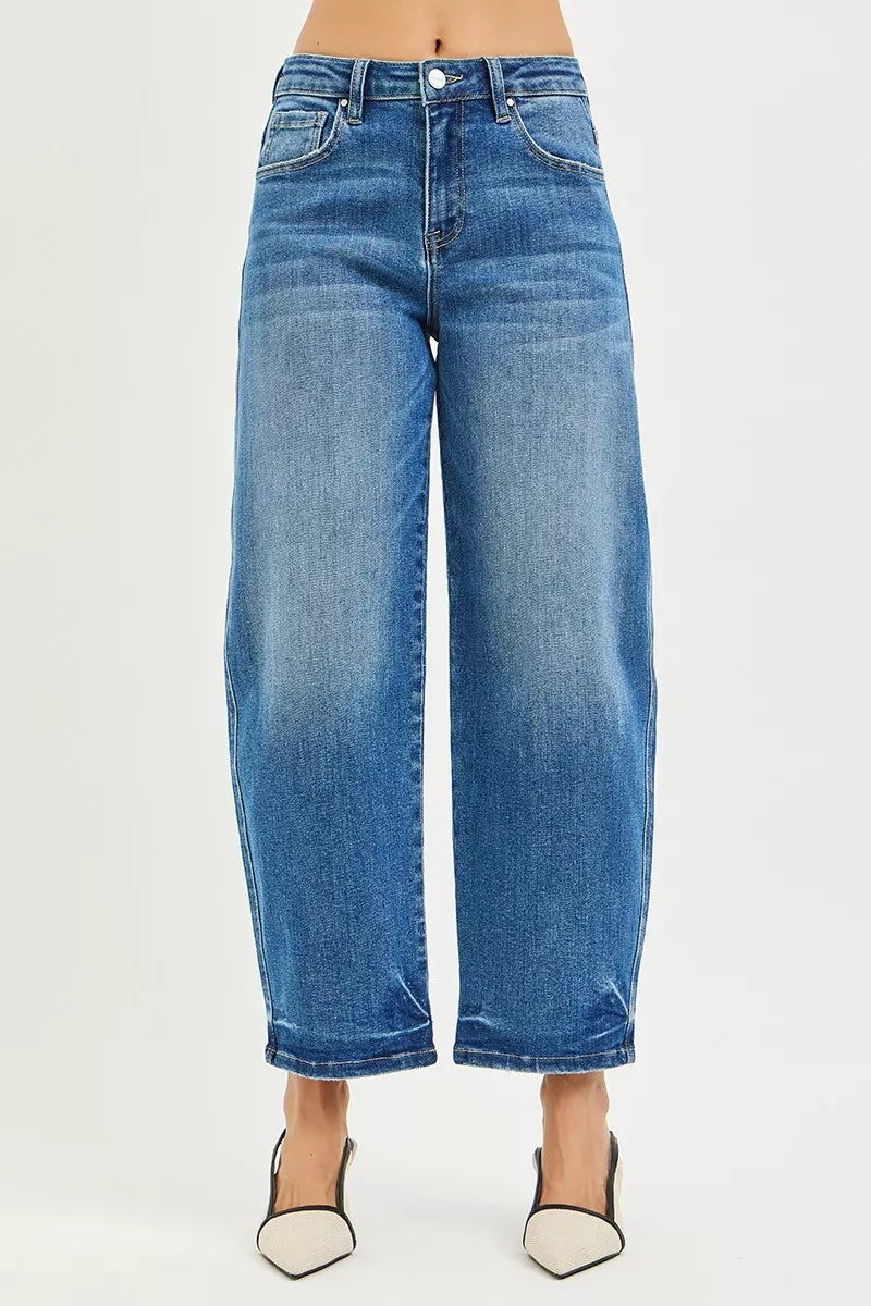 RISEN Slouchy Cropped Barrel Jeans in blue denim with relaxed fit and cropped barrel leg design