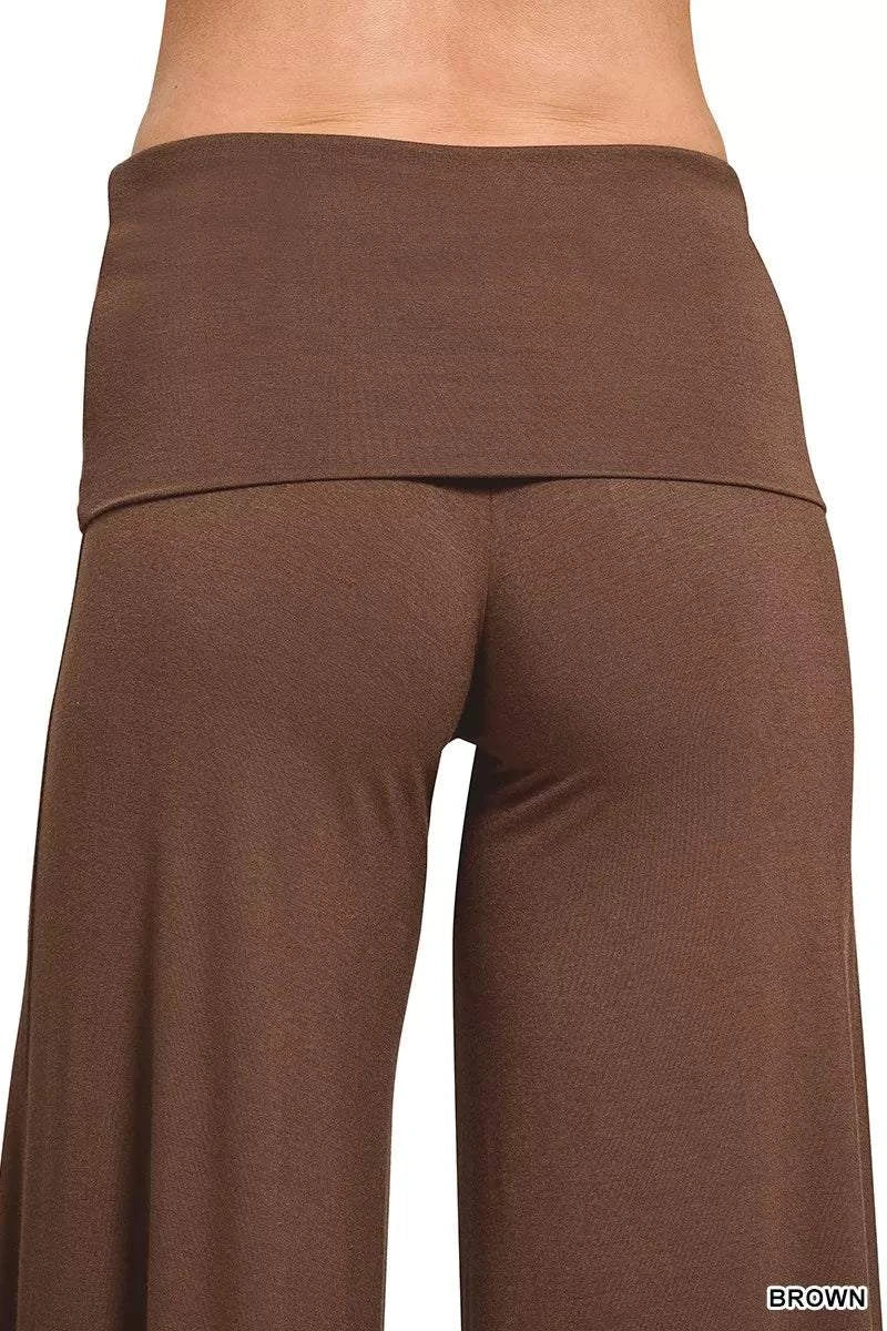 Brown Zenana fold over waist comfy wide leg pants back view