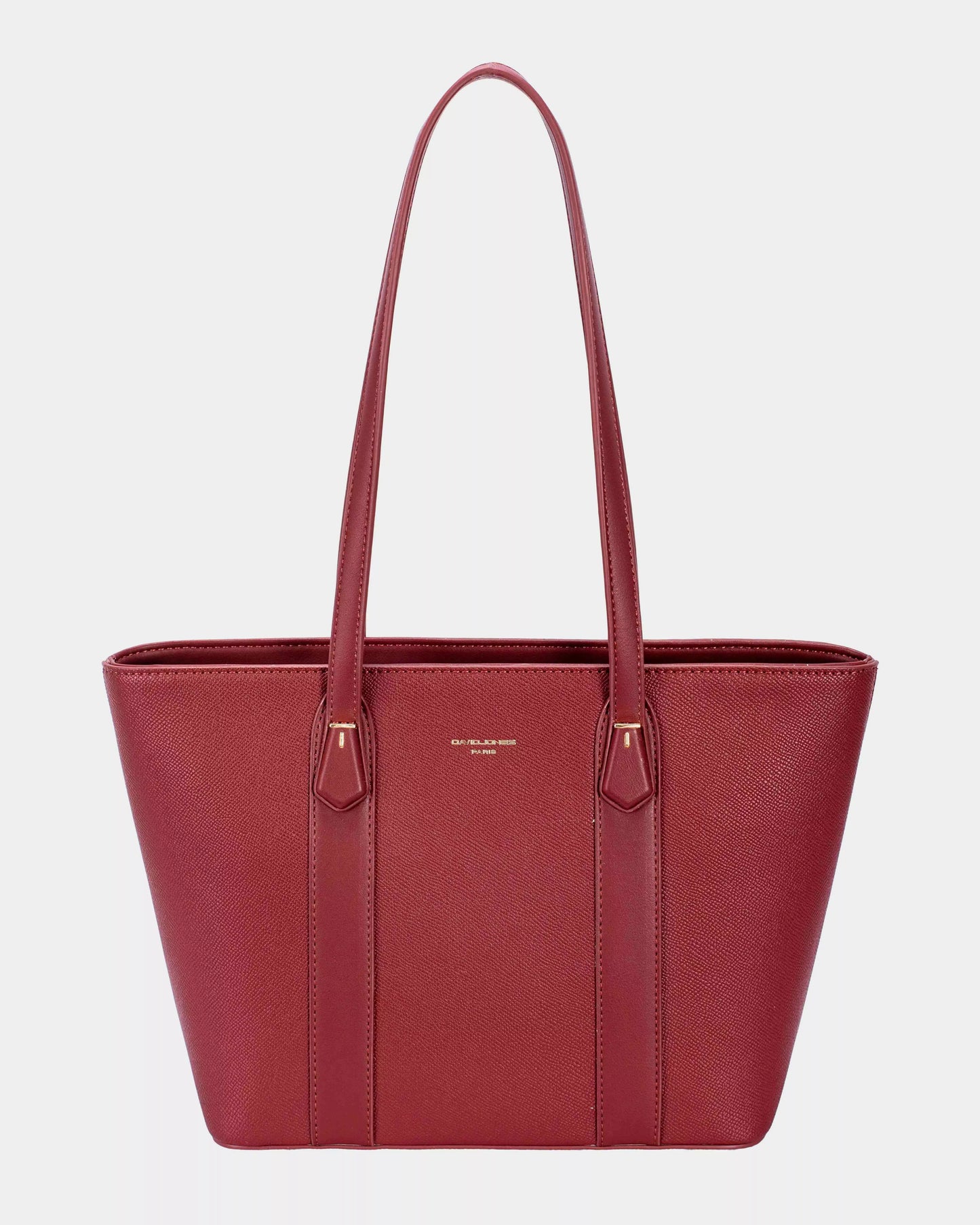 David Jones leather tote bag in burgundy with gold hardware accents and long handles