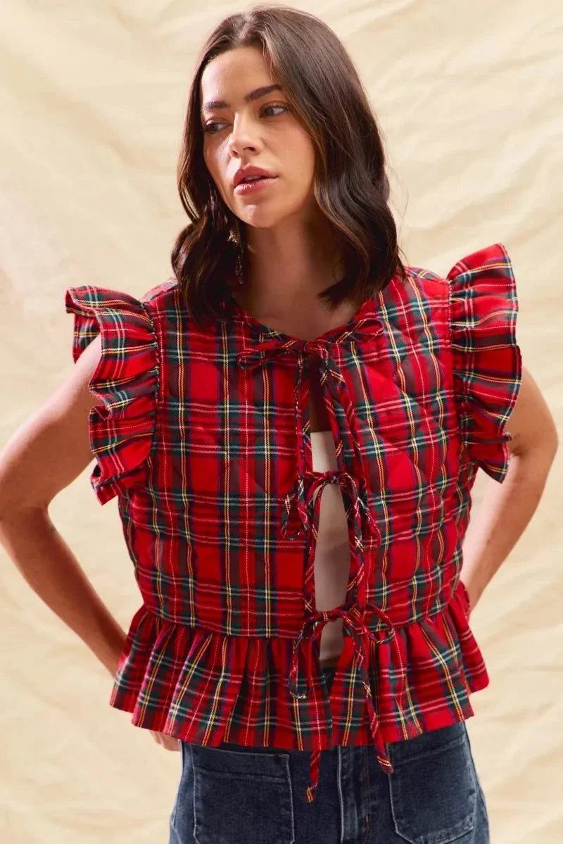 SO ME Christmas Holiday Plaid Ruffled Quilt Vest Top.