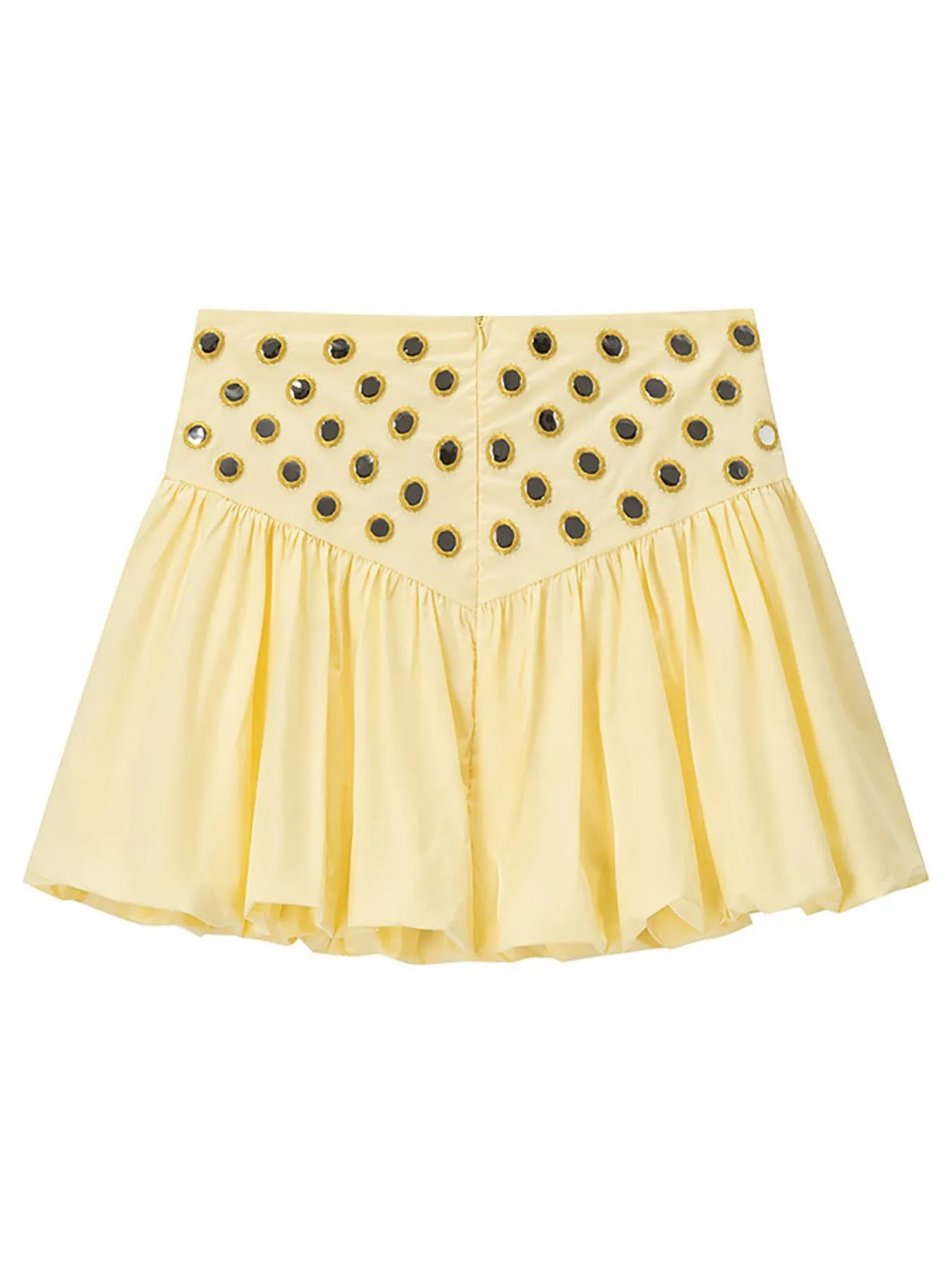 Yellow bubble skirt with eyelet cutout details and ruffles, part of two-piece set with no stretch fabric