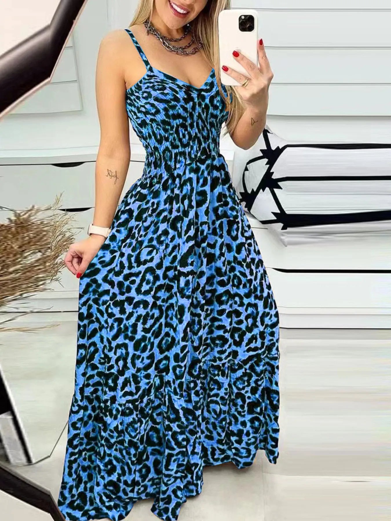 Full Size Leopard Print Dress - Spaghetti Strap Maxi Dress for Plus Size Fashion.