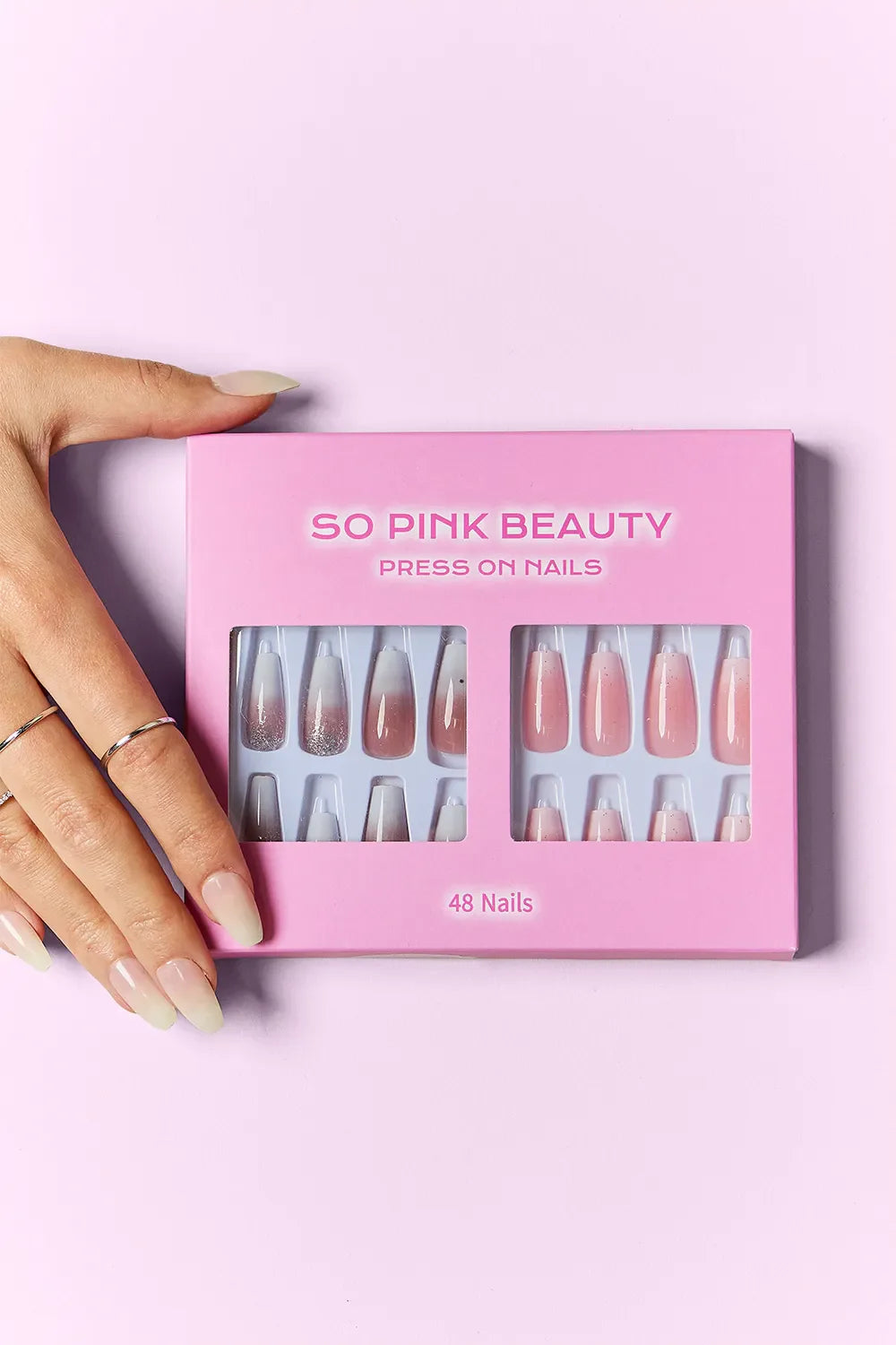 SO PINK BEAUTY Press On Nails 48-piece set with two designs and glue in pink packaging