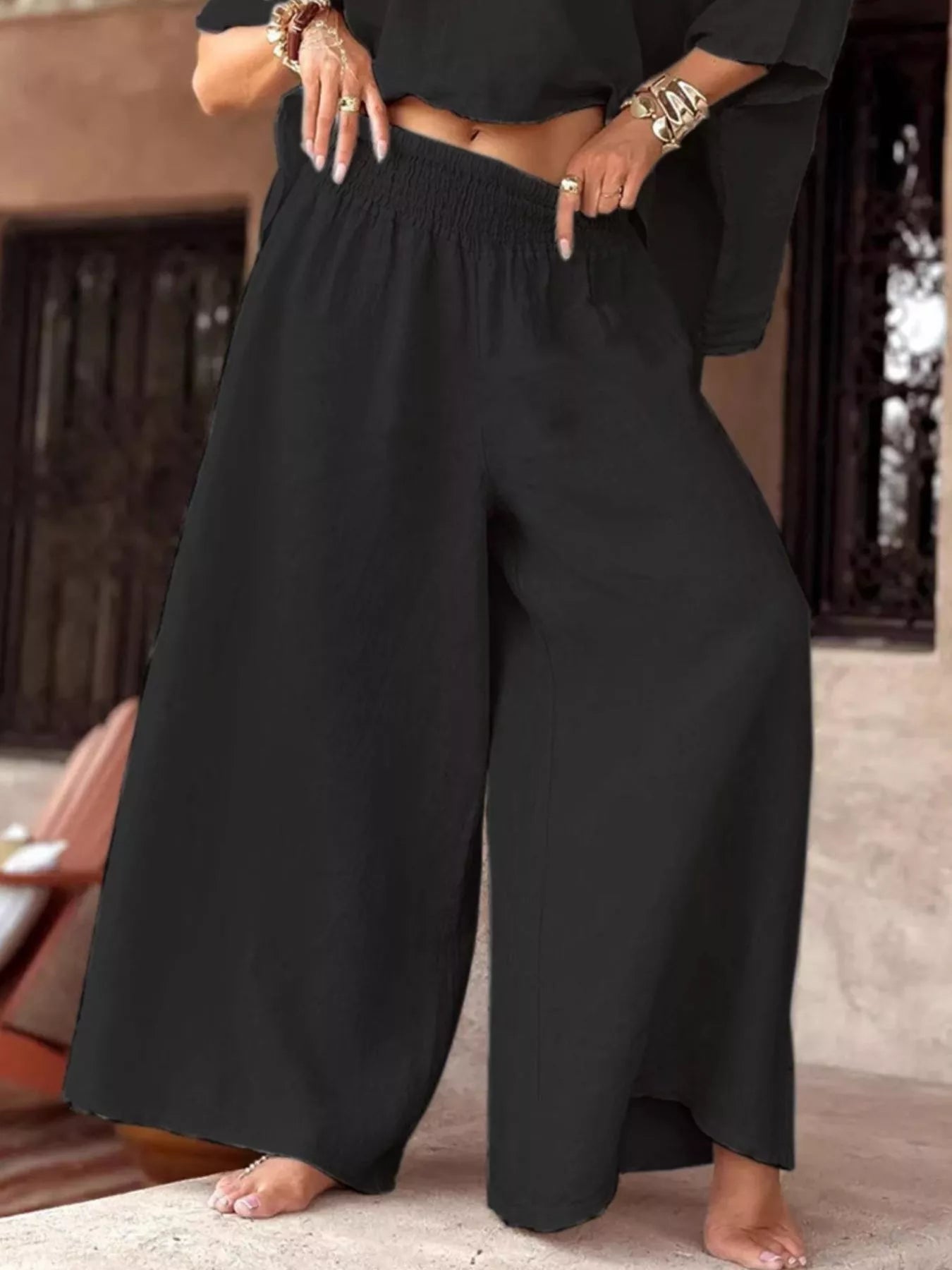 Full size boat neck top and wide leg pants set plus size black two-piece outfit