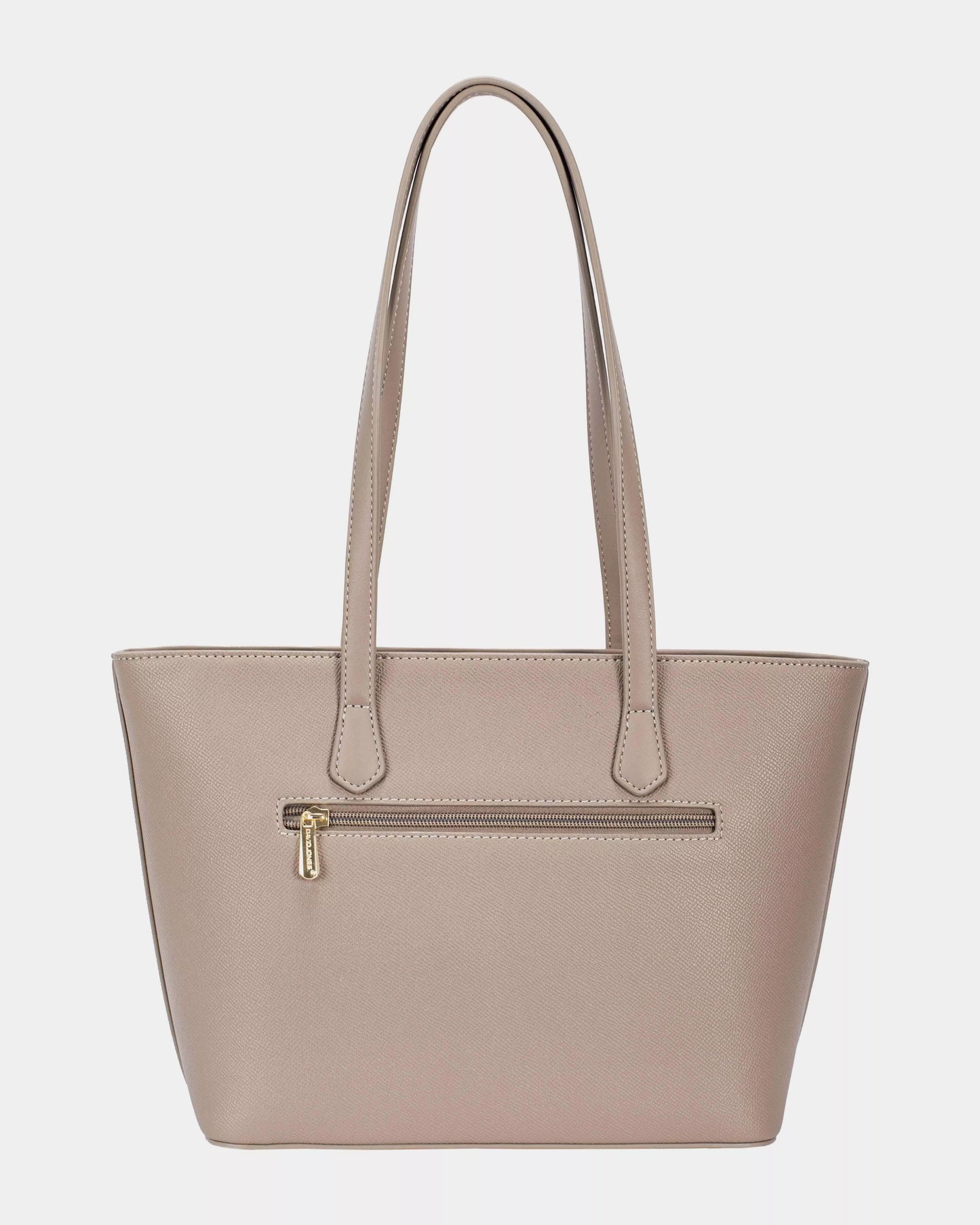 David Jones leather tote bag in taupe with gold hardware and front zipper pocket