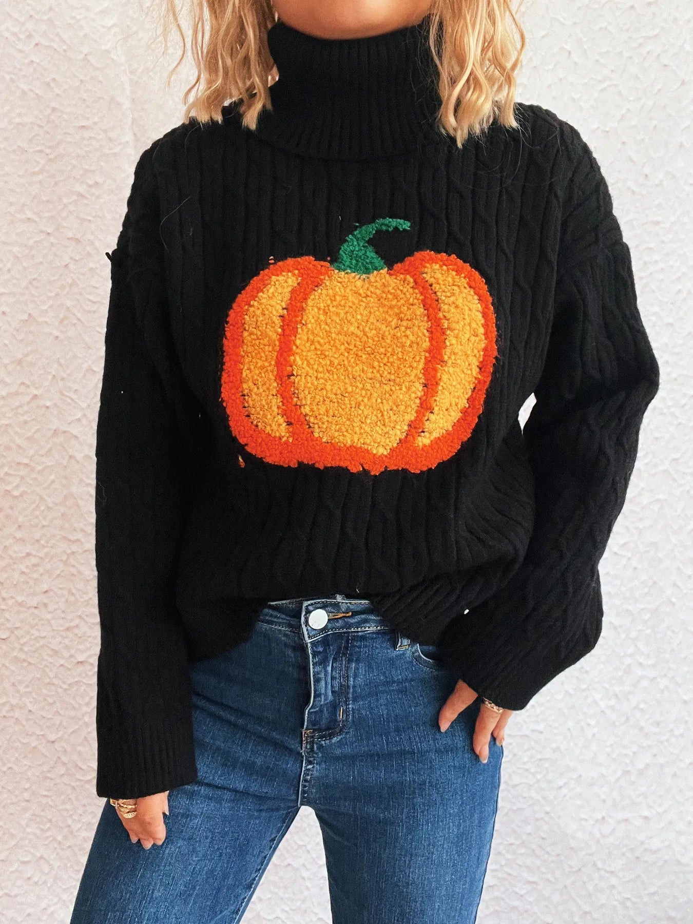 Pumpkin Turtleneck Sweater for Cozy Fall Fashion.