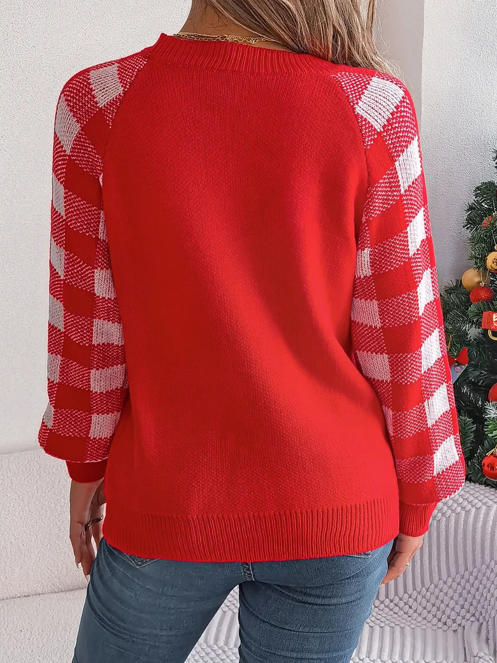 Reindeer Plaid Round Neck Long Sleeve Sweater.