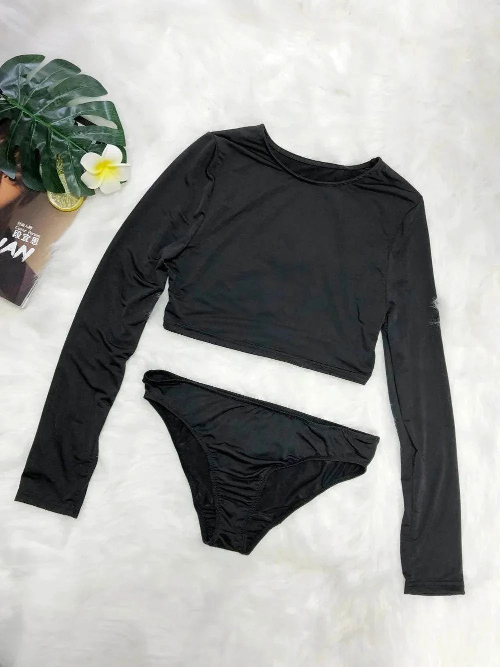 Round Neck Swim Set: Long Sleeve Top and Brief Swim Set.