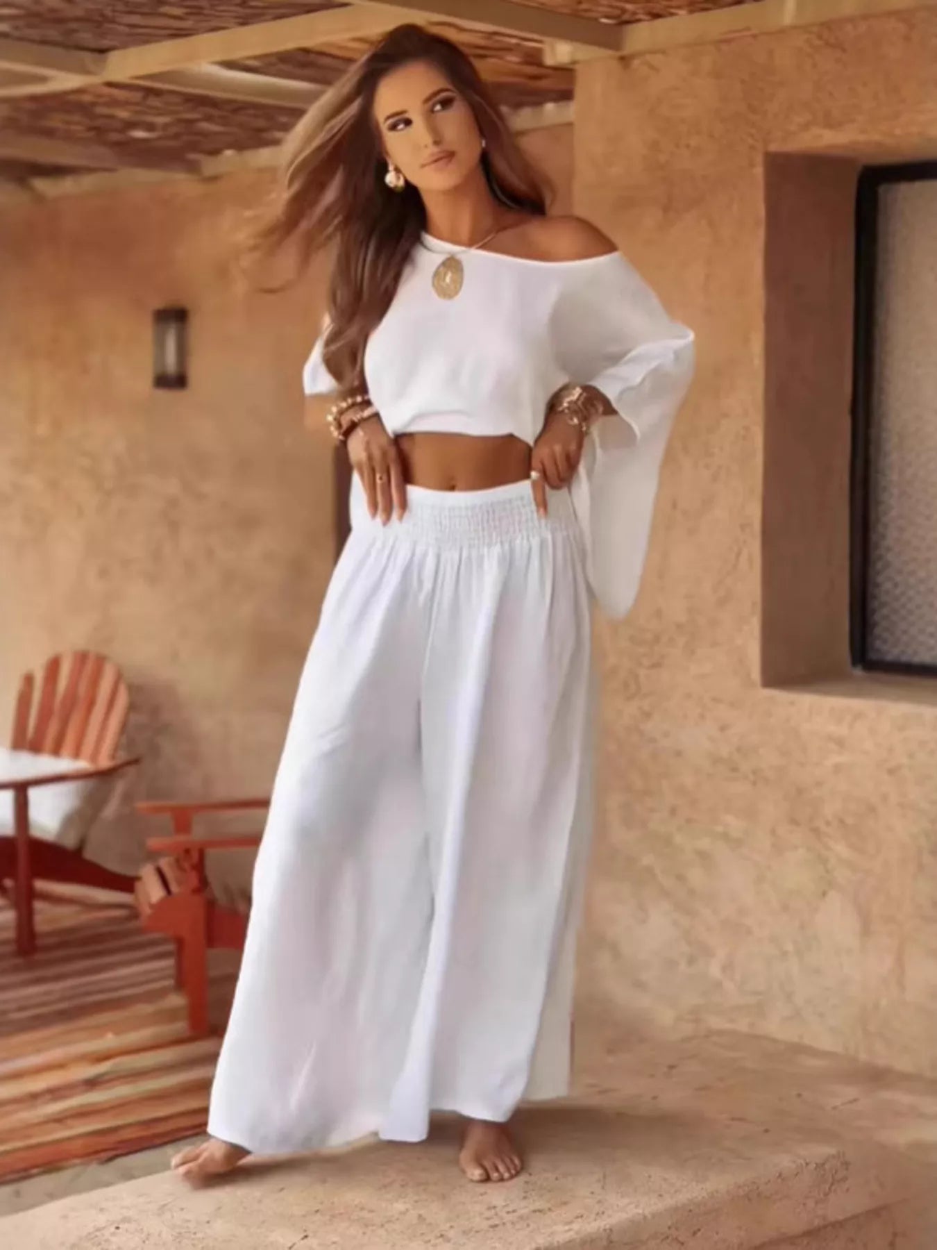 Plus size full size boat neck top and wide leg pants set in white basic style two-piece outfit