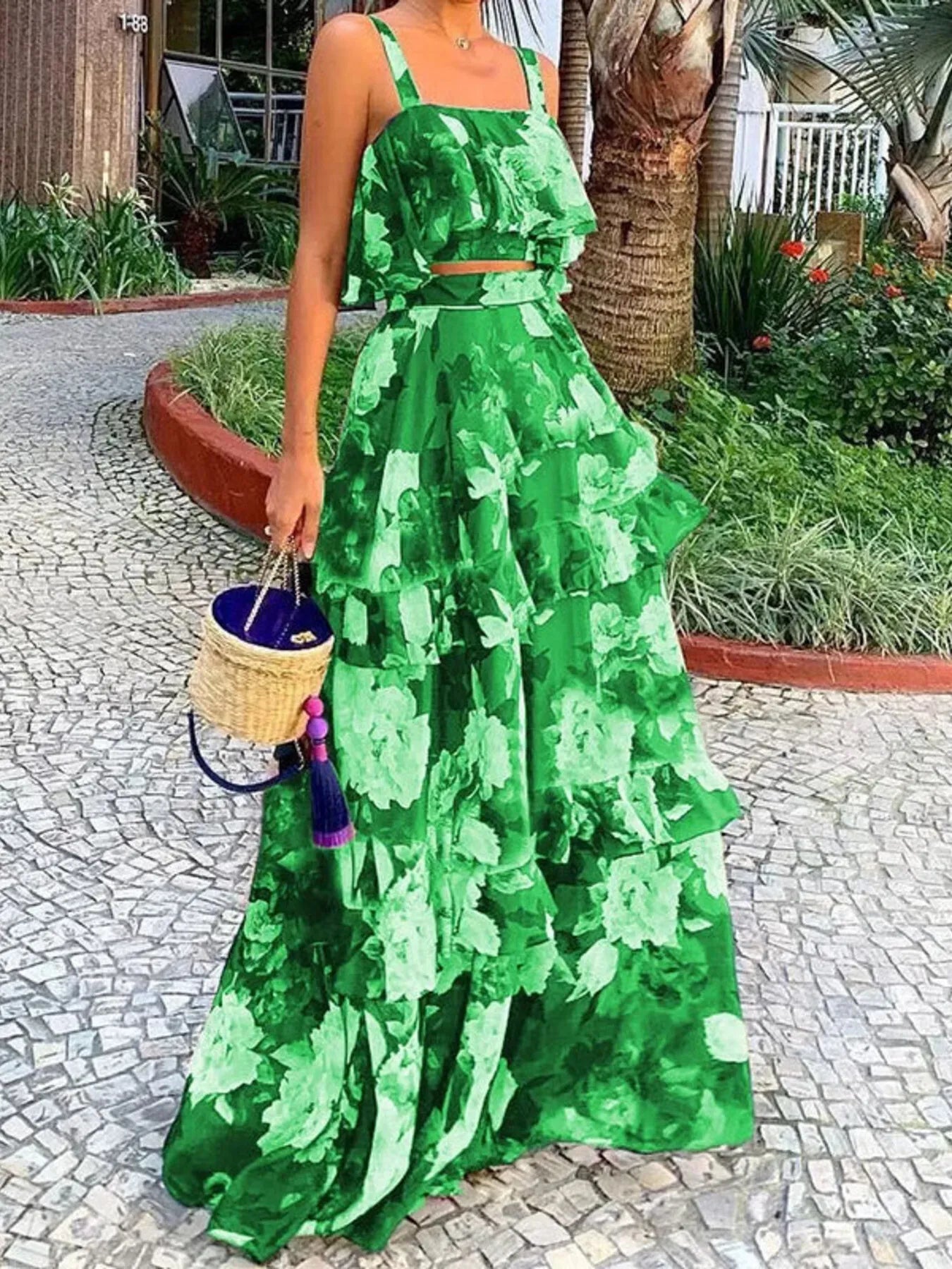 Plus size full size floral cami and tiered ruffled layered skirt set in green floral print