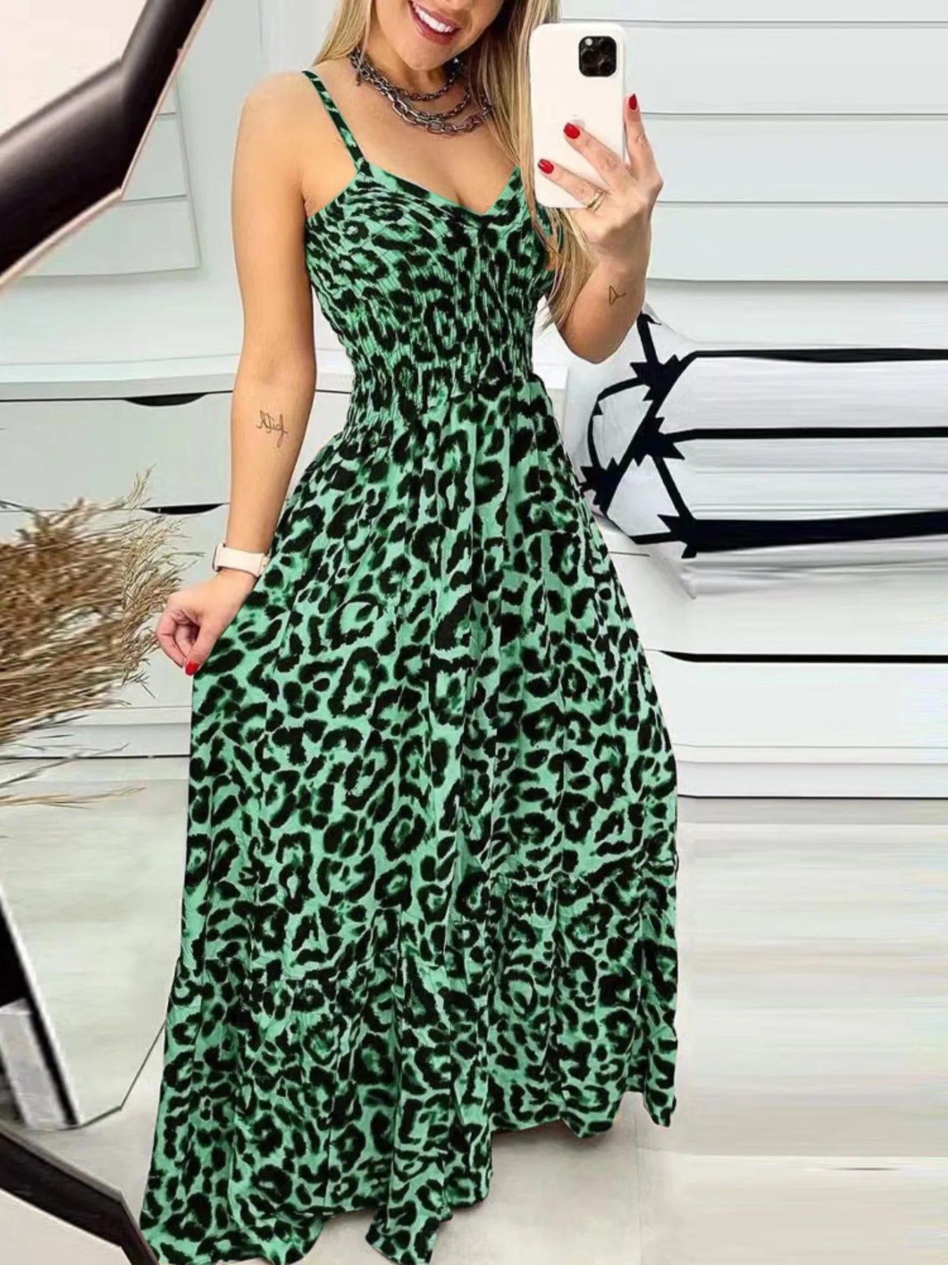 Full Size Leopard Print Dress - Spaghetti Strap Maxi Dress for Plus Size Fashion.