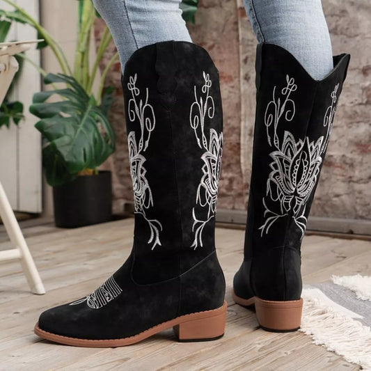 Embroidered Block Heels Boots.