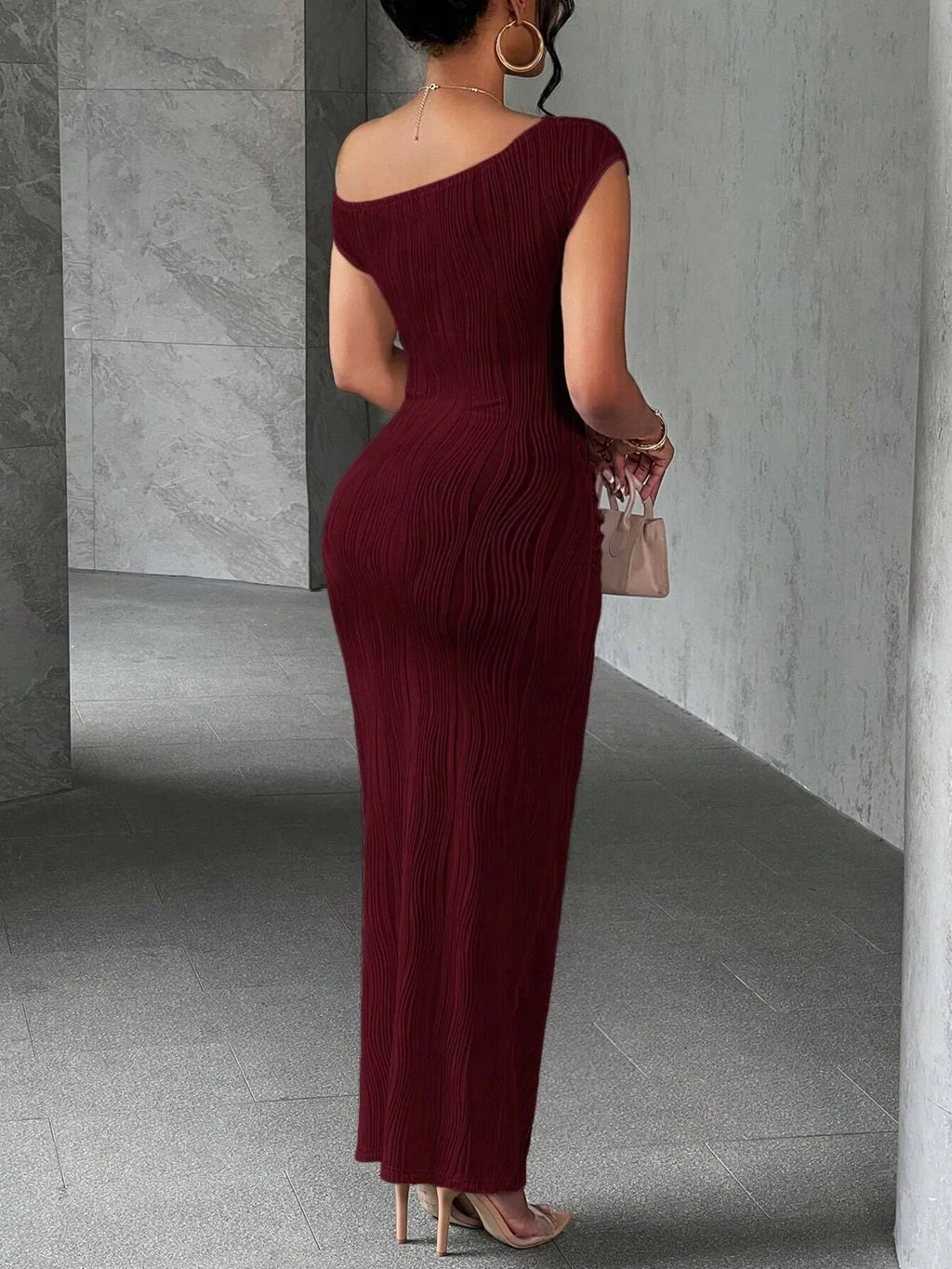 Textured Bodycon Maxi Dress with Single Shoulder Design.