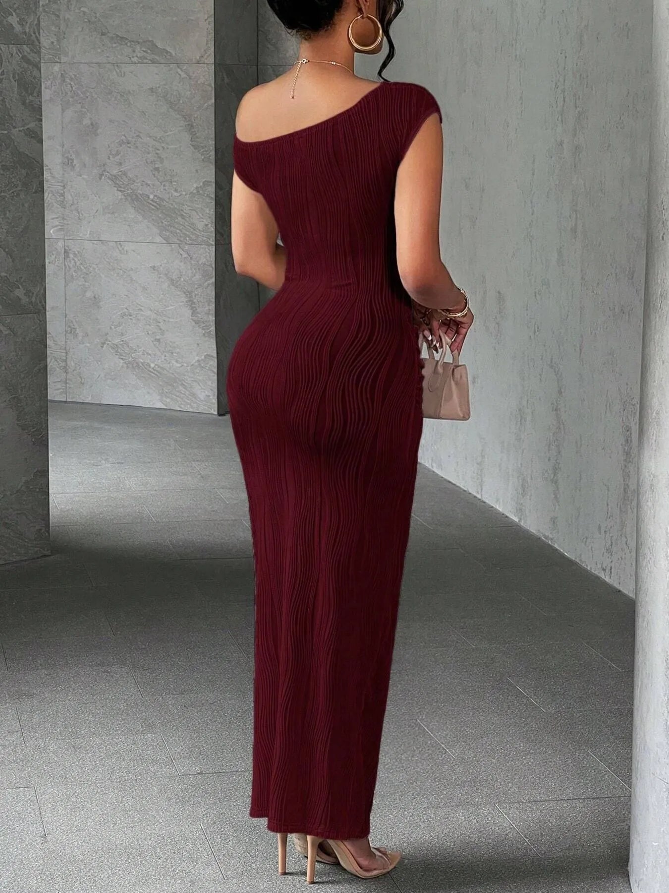 Textured Bodycon Maxi Dress with Single Shoulder Design.