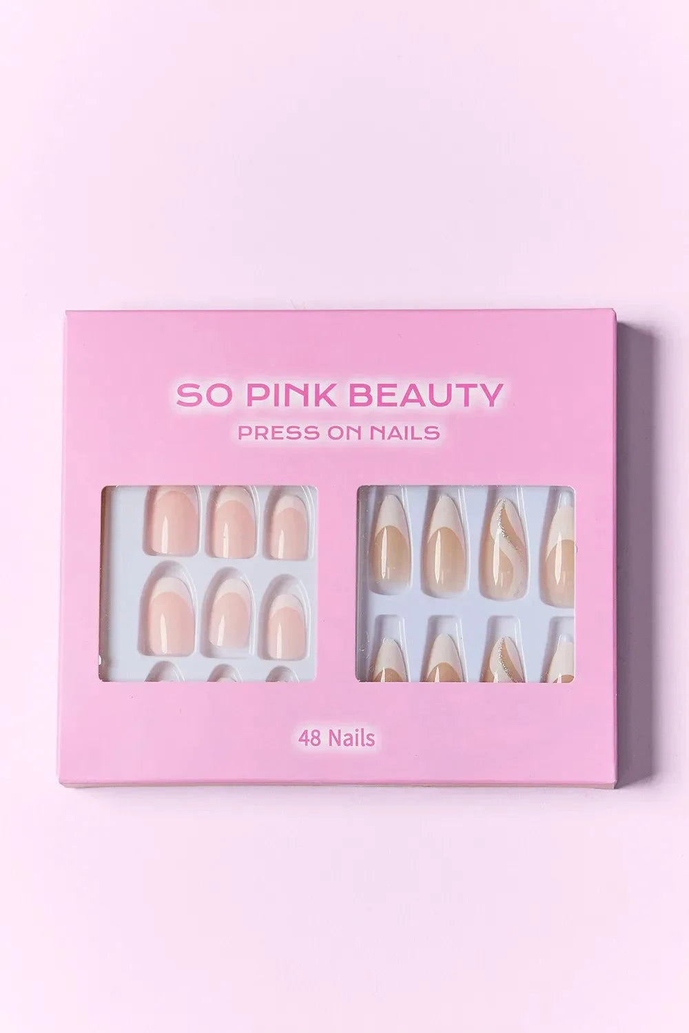 SO PINK BEAUTY press on nails two pack with 48 pieces and glue included in pink packaging