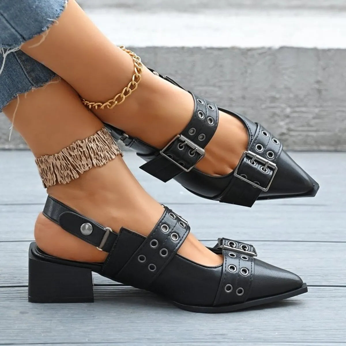 Point Toe Block Heels Slingback Pumps.