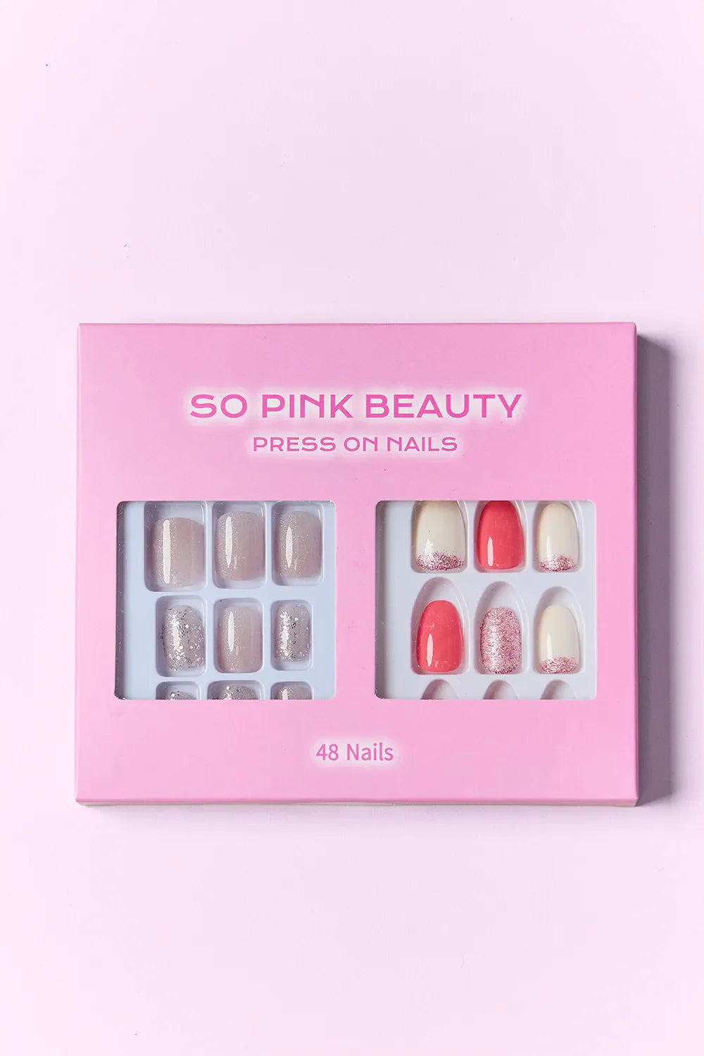 SO PINK BEAUTY Press On Nails 48-piece set with two designs in pink packaging