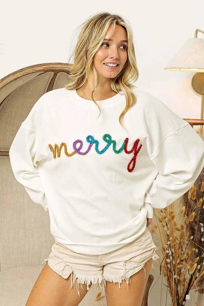 BiBi Merry Tinsel Lettering Drop Shoulder Sweatshirt.